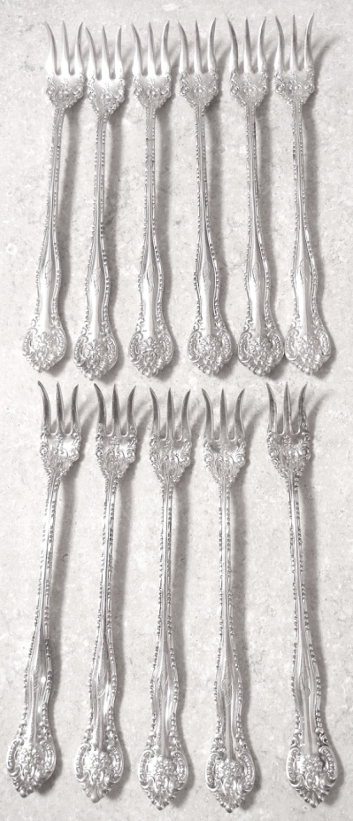 11 ANTIQUE WM ROGERS 1900 SILVERPLATE YORK PATTERN COCKTAIL FORKS