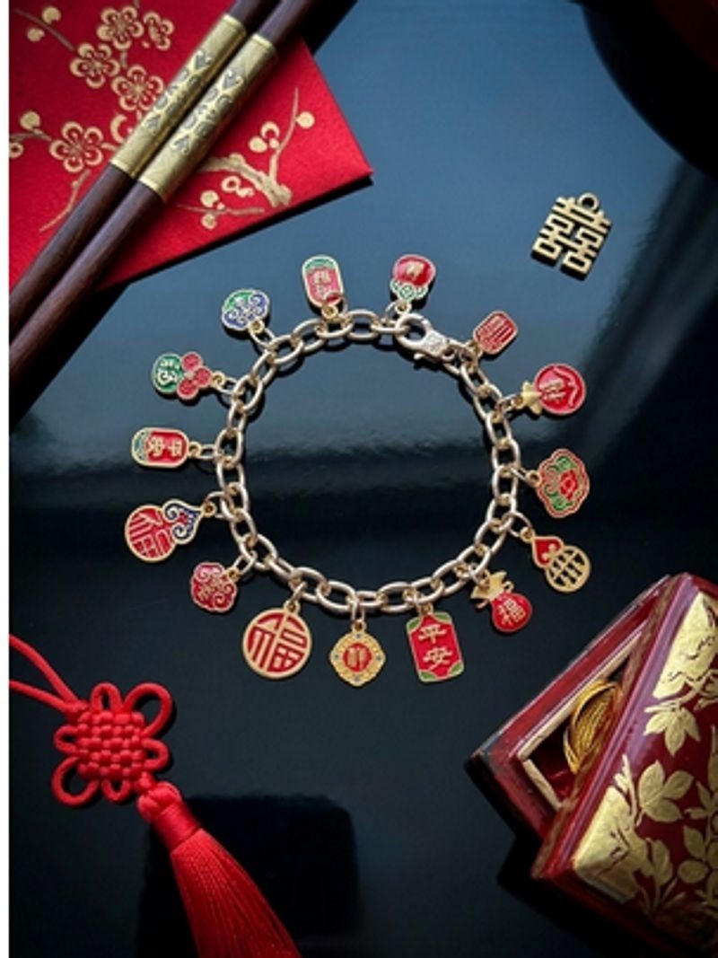 Handmade Mahjong Charm Bracelet, Red Enamel Lucky Charms, Adjustable Chain