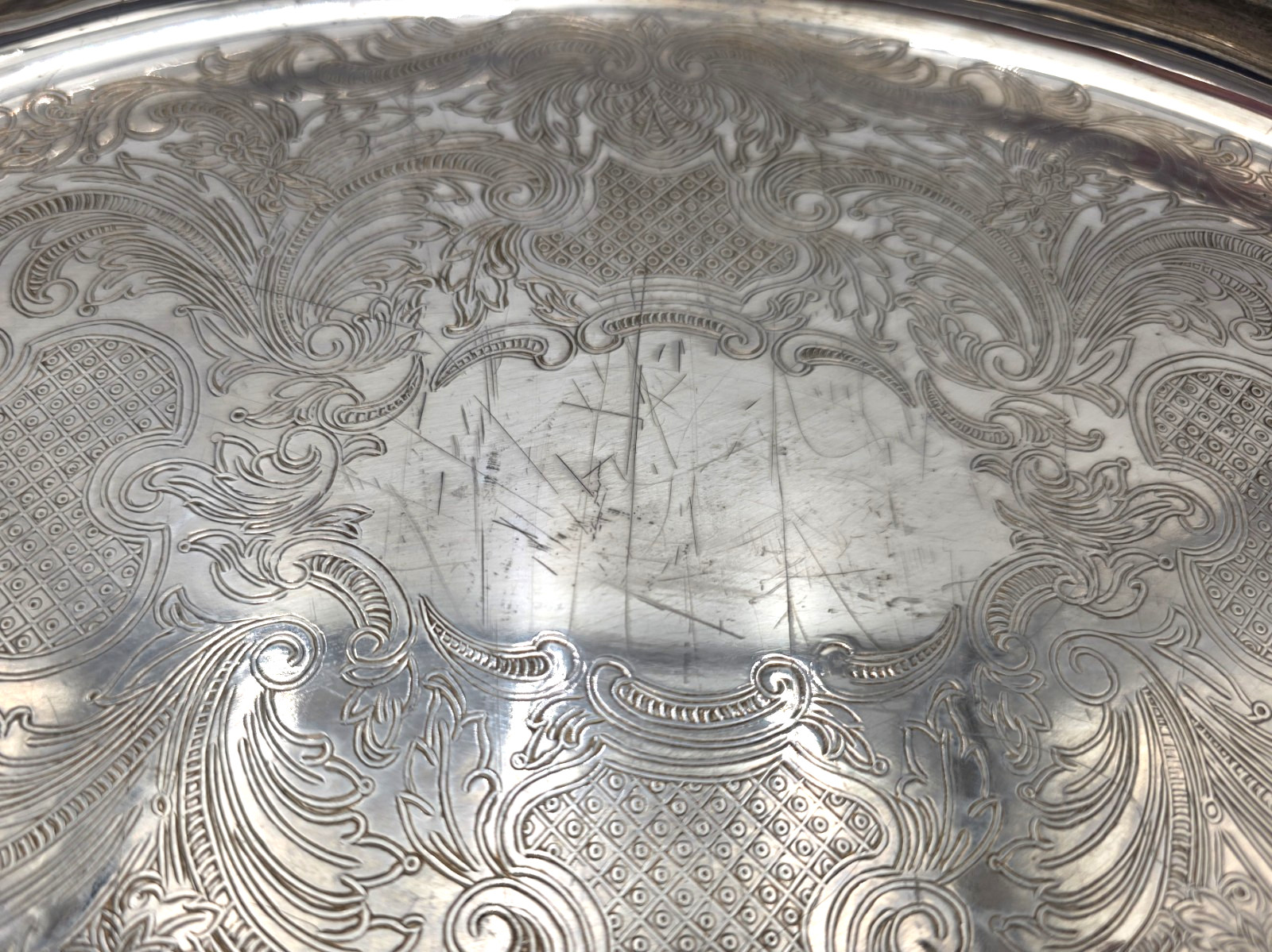 Reed Barton Burgundy Silverplate Serving Tray Floral Scroll Platter VTG Chippy