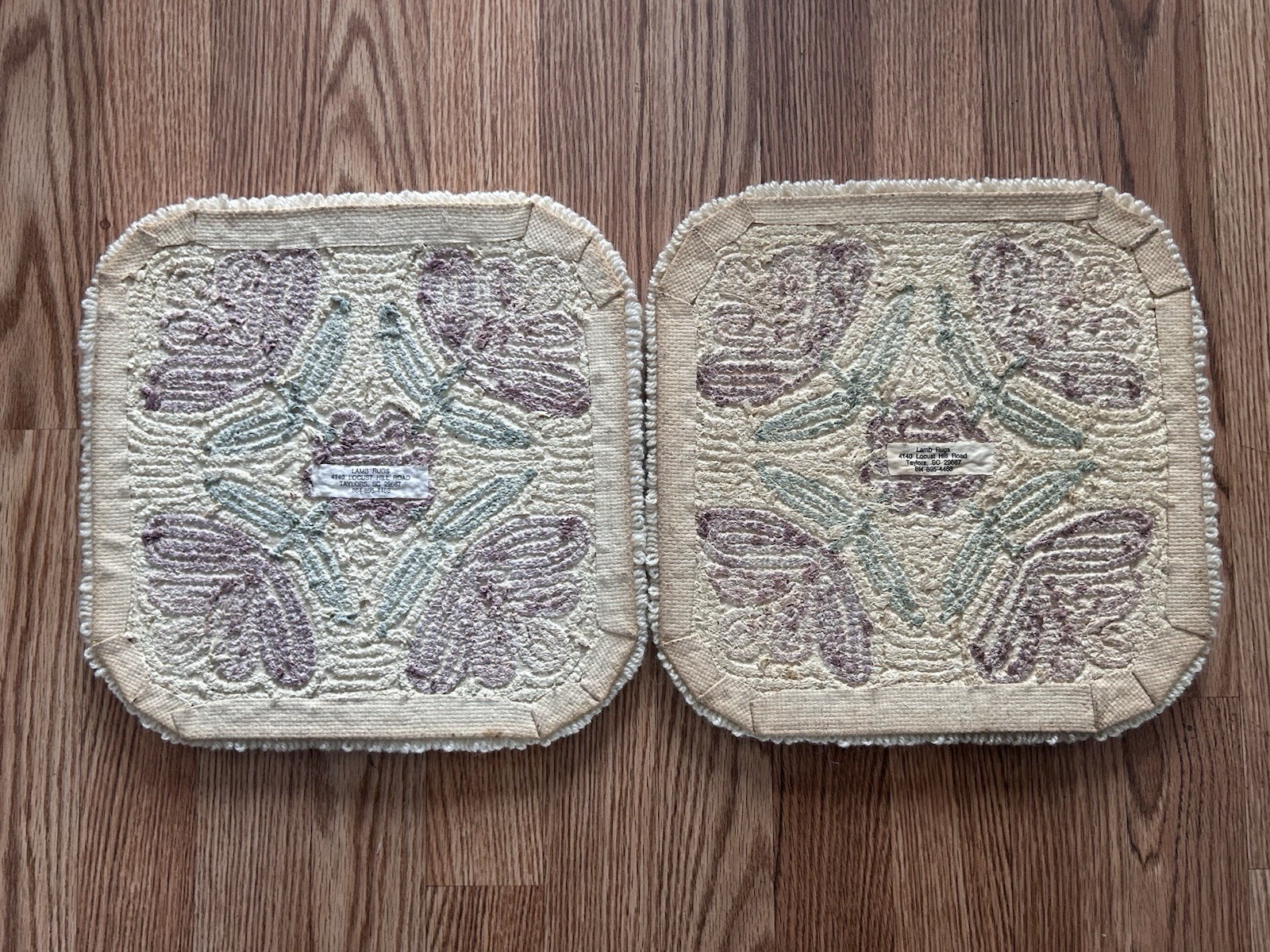 Vintage Lambs Wool Carpet Rug Squares 12″x 12″ Floral Ivory Pink Set of 2
