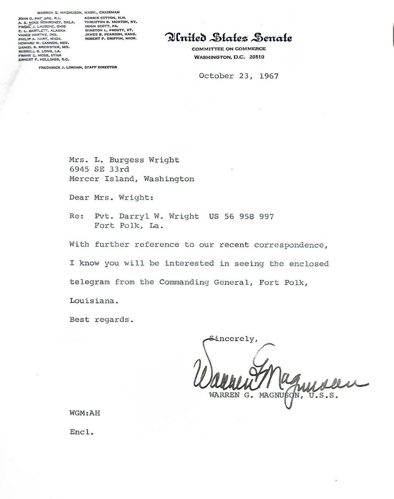 1967 Signed Typescript Letter U S Senator Warren G. Magnuson Army Rations