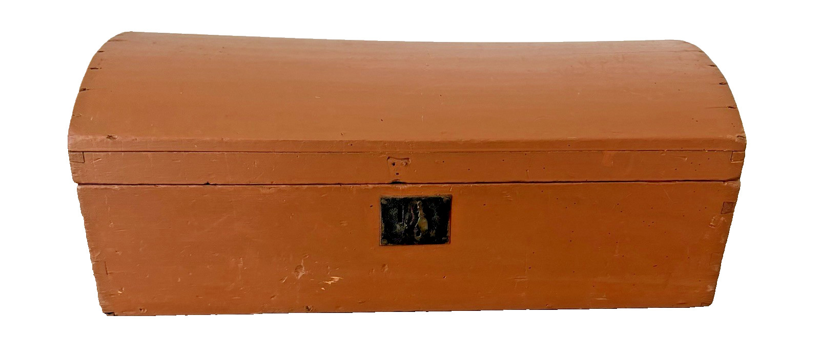 Antique Primitive Rust Painted Wooden Dome Top Trunk Chest Box