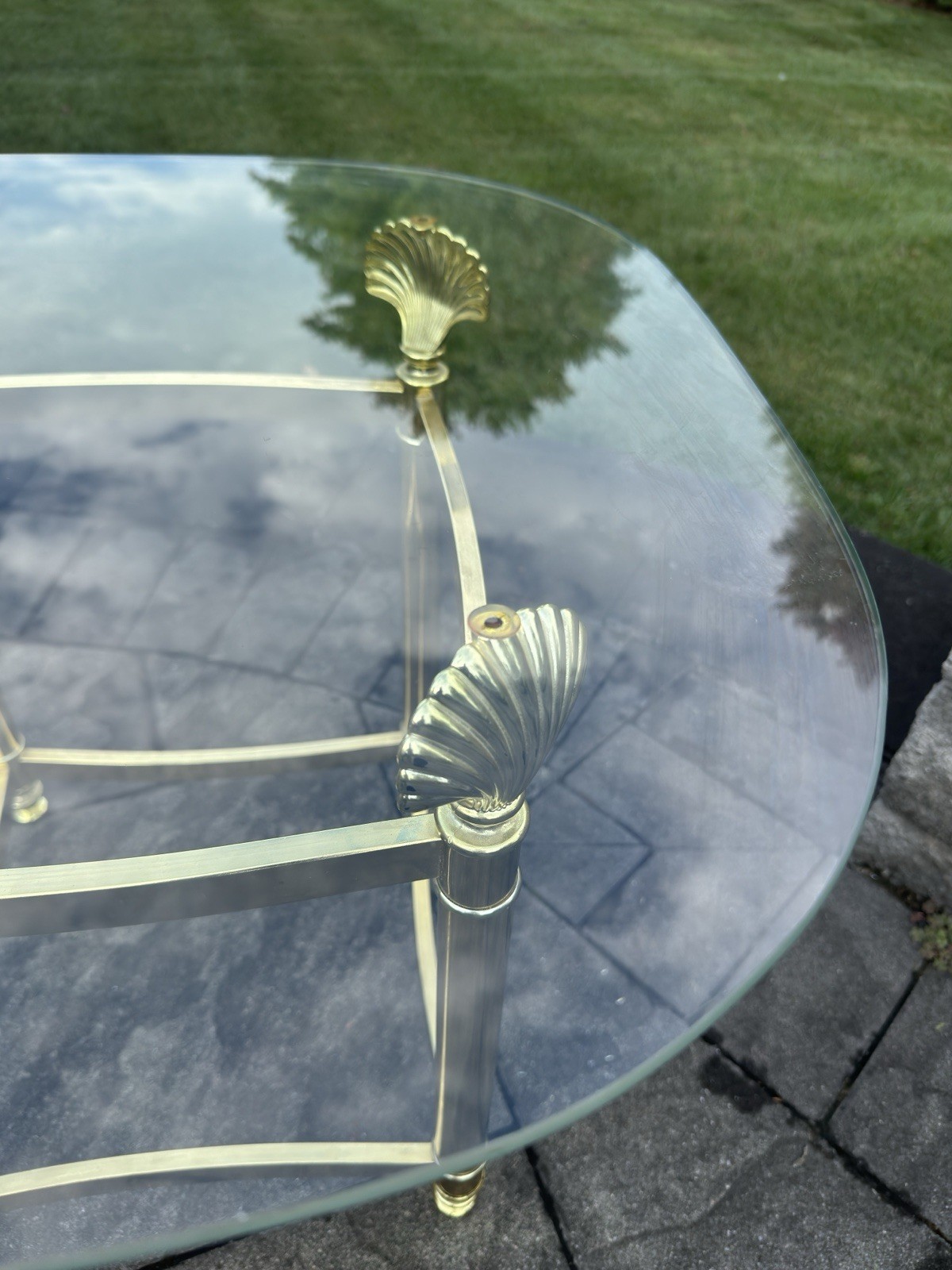 MCM Gold Lacquered Brass Shell Scallops End Table W/ Glass Top Coastal Regency