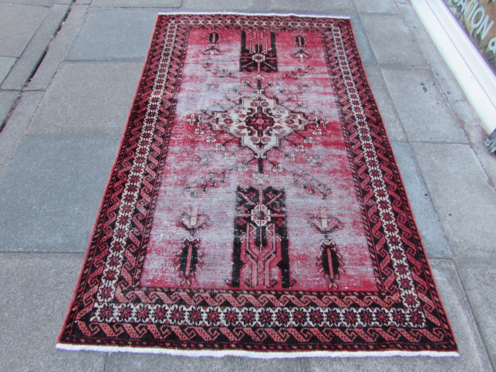 Vintage Worn Hand Made Traditional Oriental Wool Red Blue Large Rug 205x125cm
