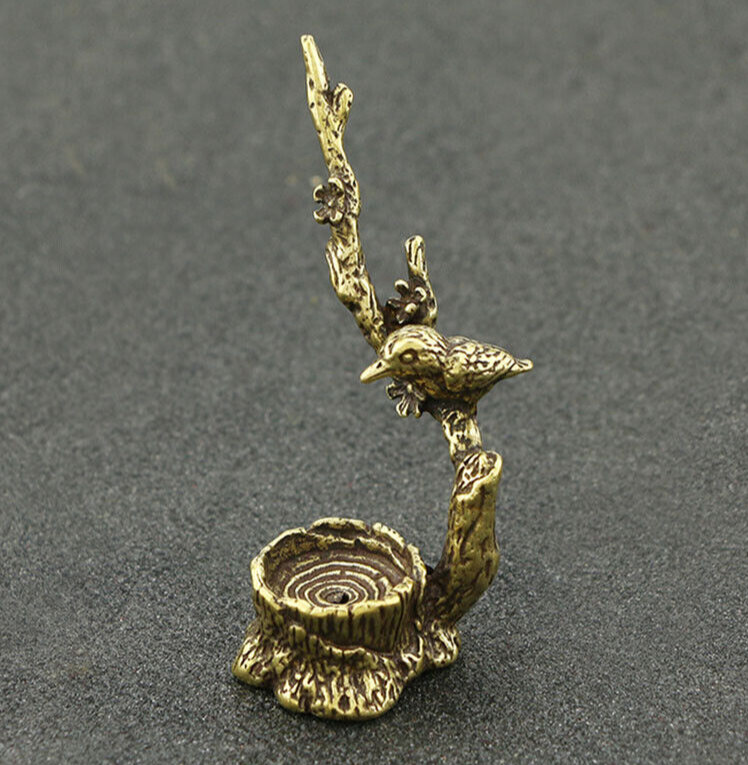 Solid Brass Cone Incense Burner Holder with Magpie Bird Home Decor Figurine