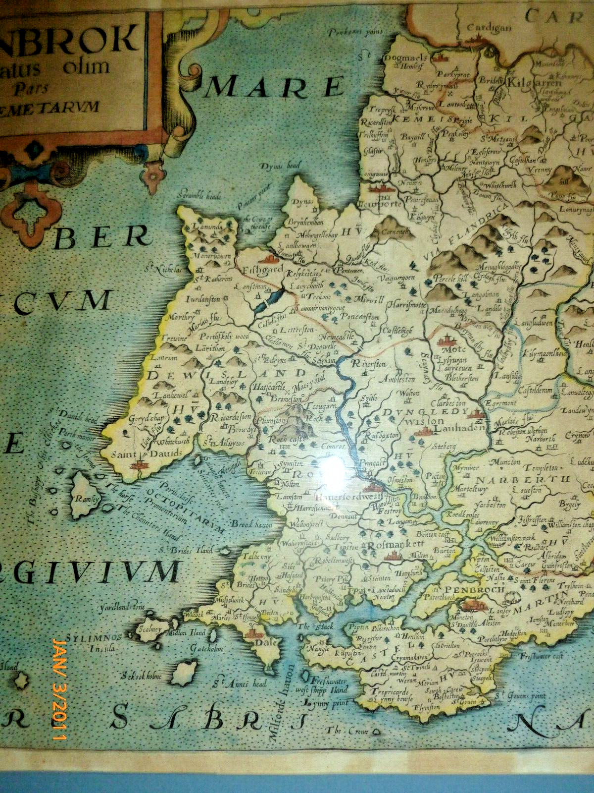 Original Antique England Map Pembroke c. 1610 COA William Kip Penbrok 11×14″