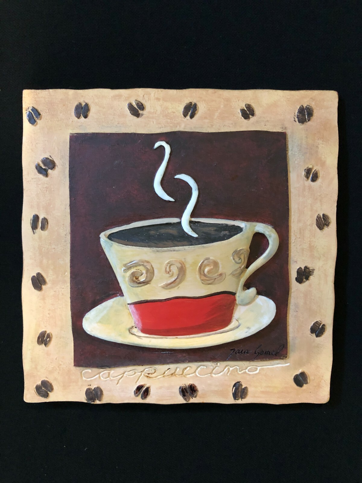 Tile Art Wall Plaque Coffee Bean Border Cappuccino Cup of Coffee Bump Ons Added