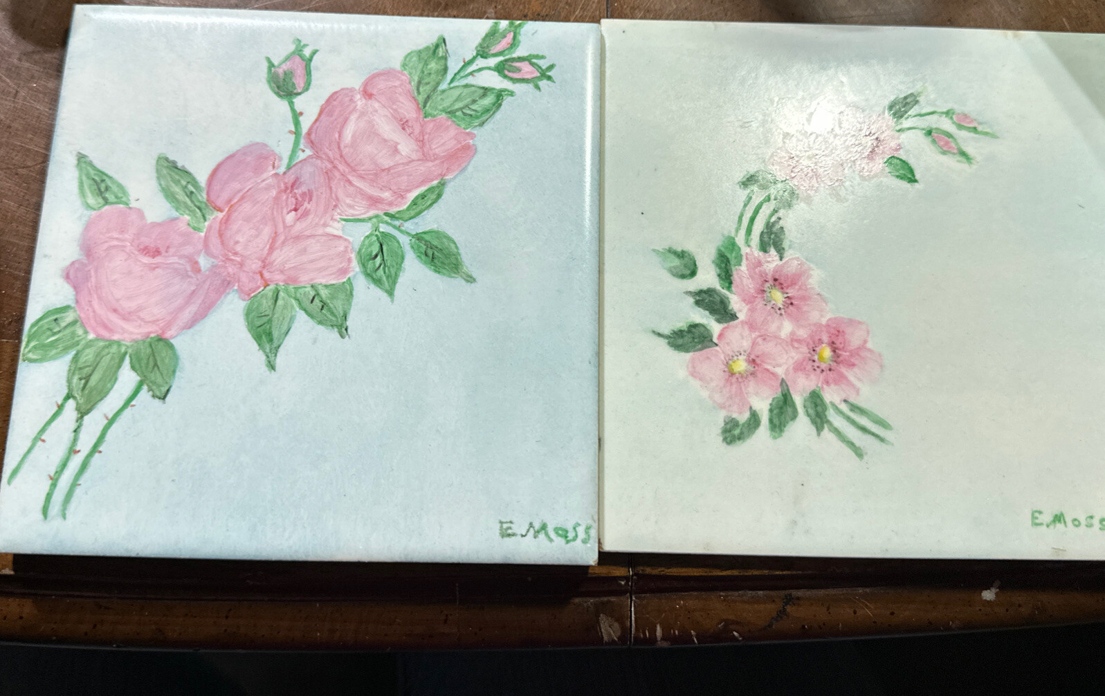 Vintage 2 Handpainted Tile By E Moss Pink Flowers Floral Light Blue Green 6 x 6