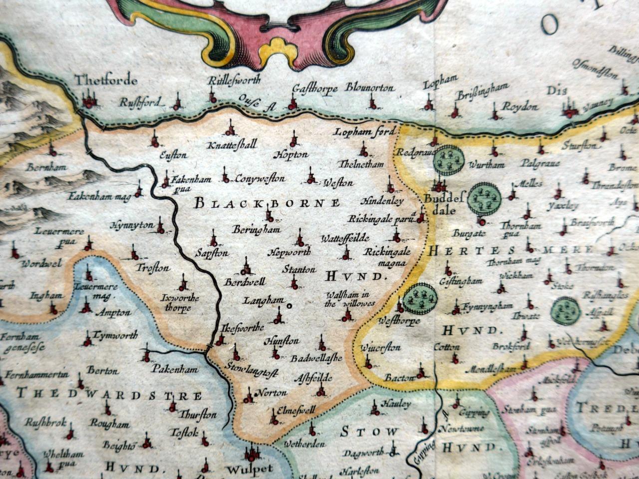 SUFFOLK SUFFOLCIA BY JOAN BLAEU c1654 GENUINE ANTIQUE ENGRAVED MAP