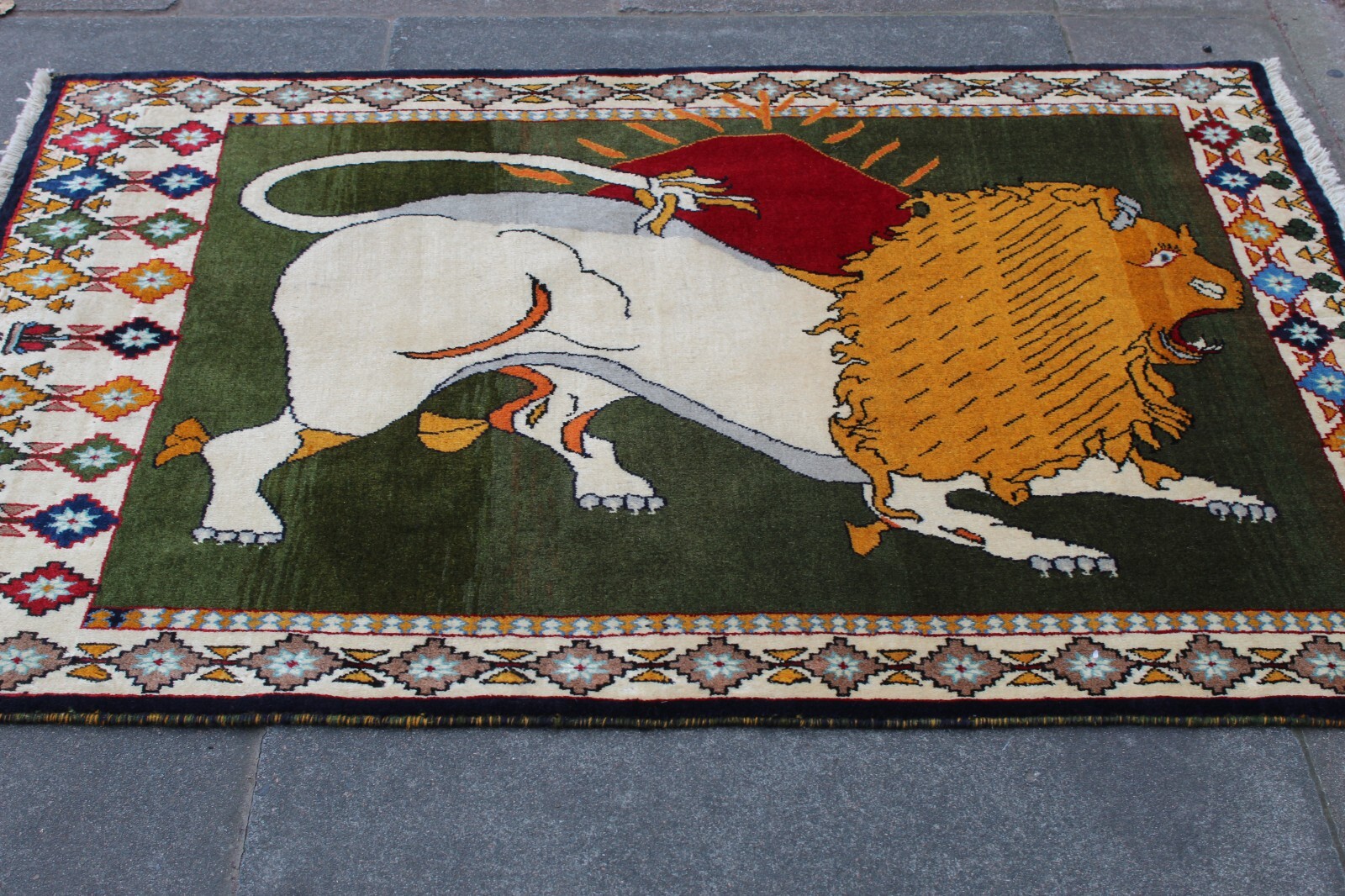 Vintage Traditional Hand Made Oriental Gabe Wool Green Rug 156x109cm Animal Lion