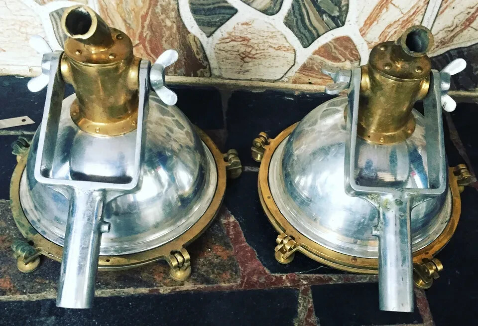 Vintage Nautical Marine Pendant Hanging Spot Cargo Light Aluminum & Brass 2 Pcs