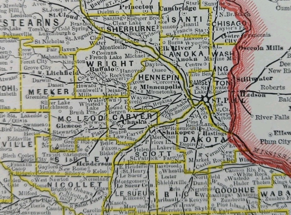Vintage 1883 MINNESOTA Map 11″x13″ ~ Old Antique Original MINNEAPOLIS ST PAUL MN