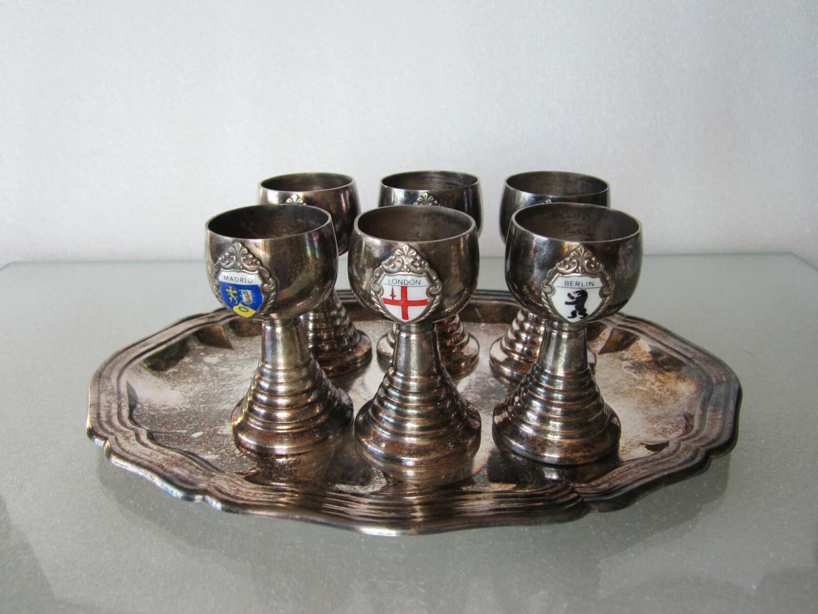 Antique WWII Diplomatic Service Barware Cordial Glasses Set of 6 with Tray