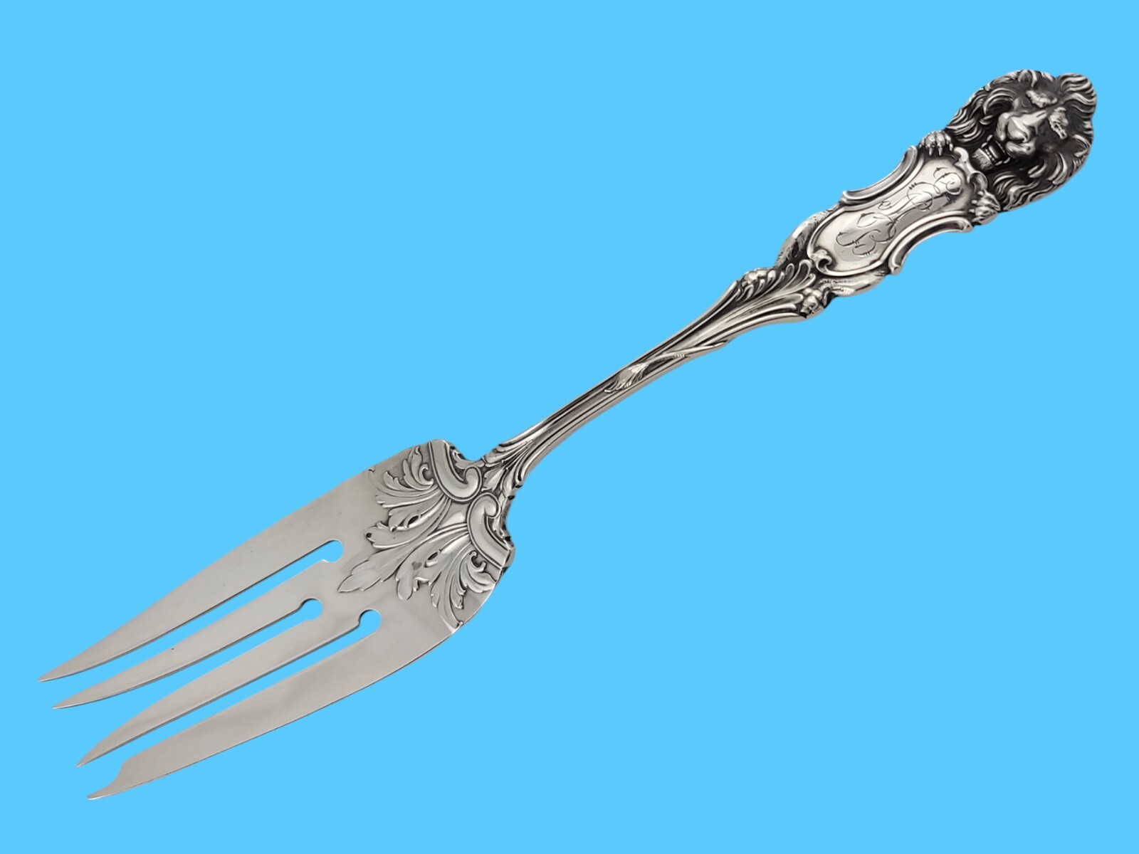 Rare Sterling Silver FRANK SMITH 7 3/4″ Meat Serving Fork LION 1903
