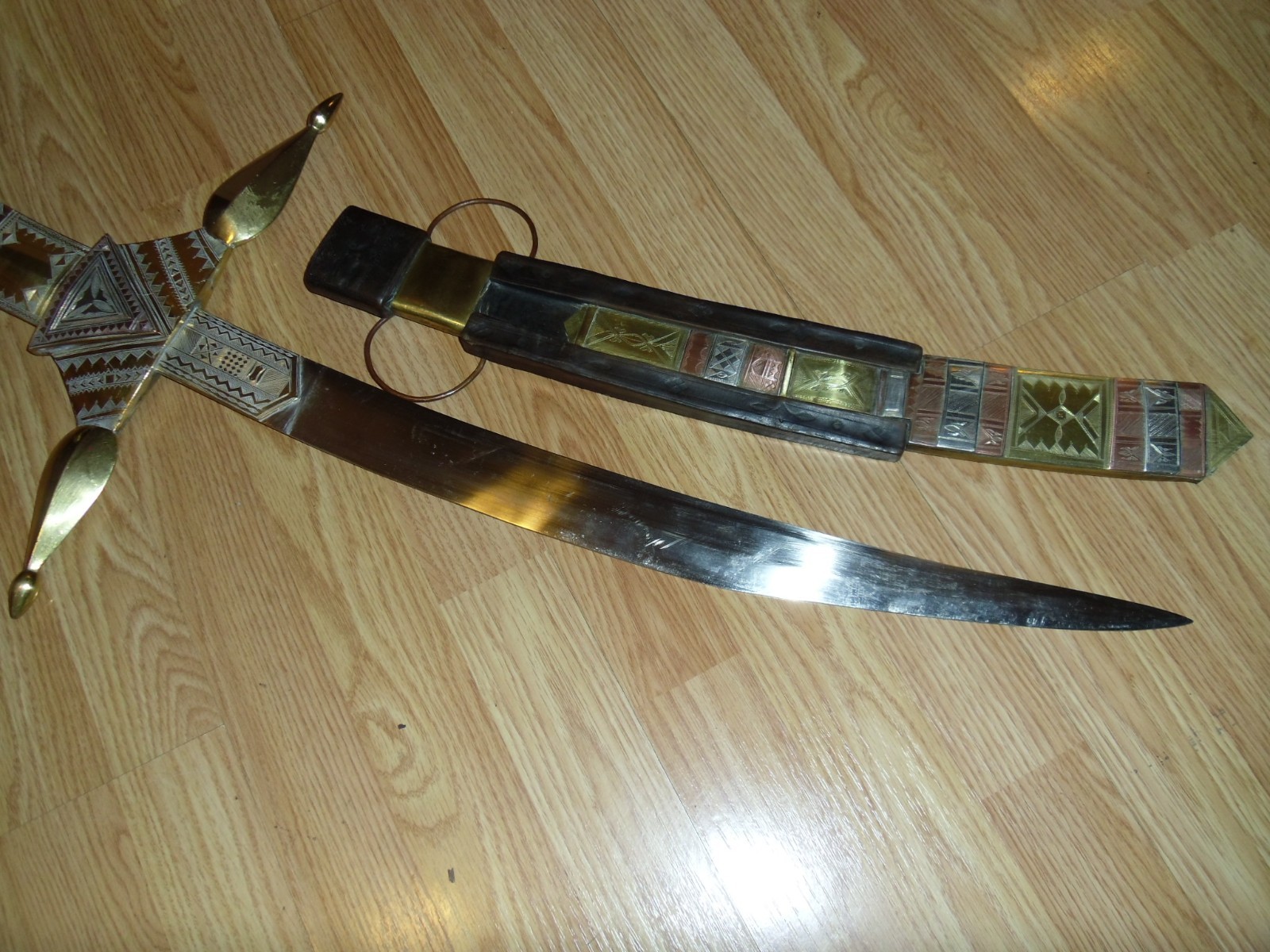 Antique SOLID brass 48 x 18 hand engraved silver copper leather Ceremonial sword
