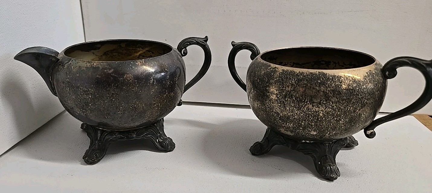 1883 Rogers Silverplate Creamer Sugar Bowl Set Footed Tarnished Patina Vtg 2391