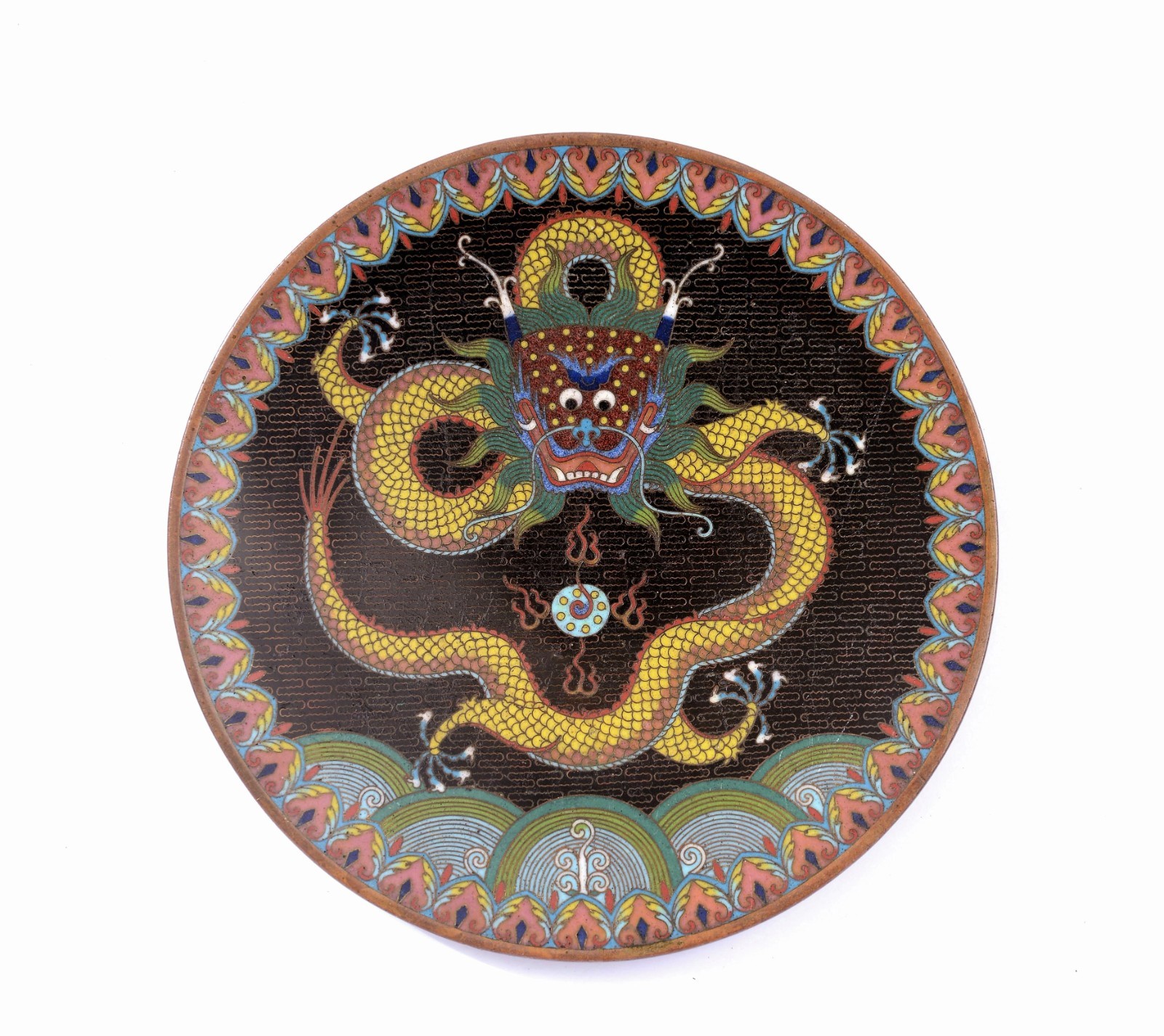 19th Century Chinese Gilt Cloisonne Enamel Dragon on Waves Plate Dish