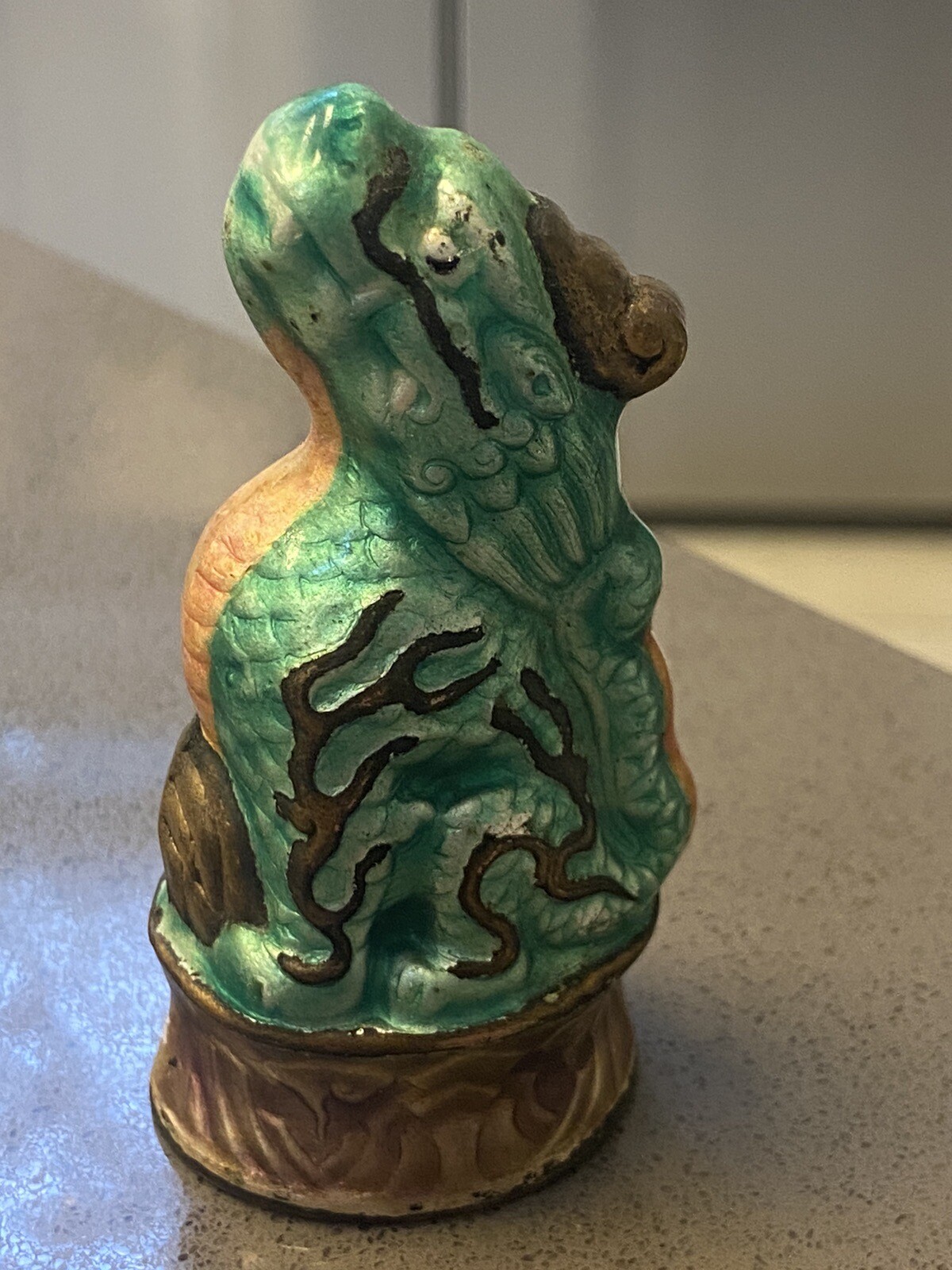 Chinese Dragon Enamel on Bronze Green & Pink c. 1930