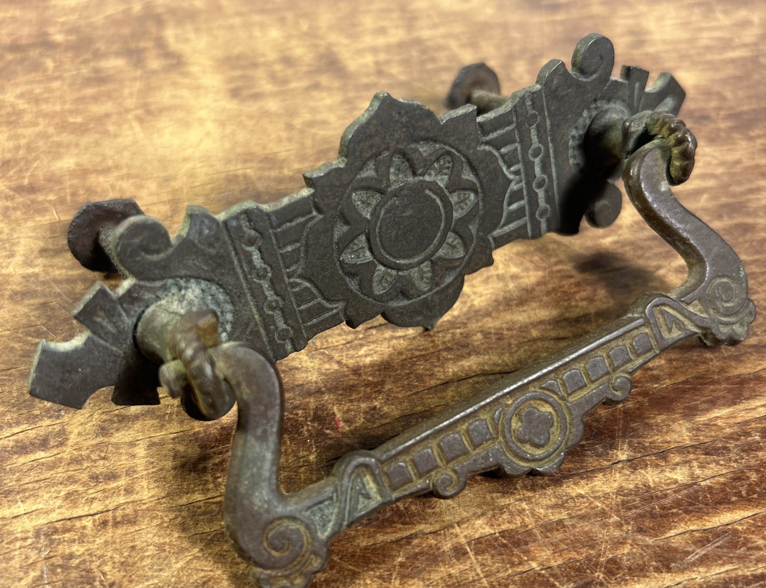 Antique Solid Brass Dresser Pull…..4.5″ Medieval Style Iron Screws 3″ Apart