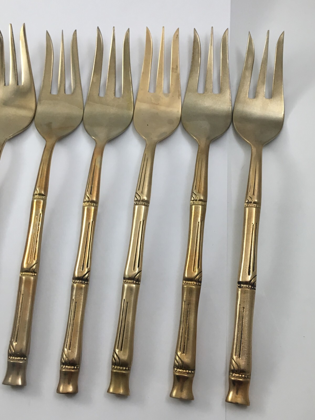 Lot of 11 Vintage 3-Tine Forks Thai Gold Bronze Bamboo Flatware