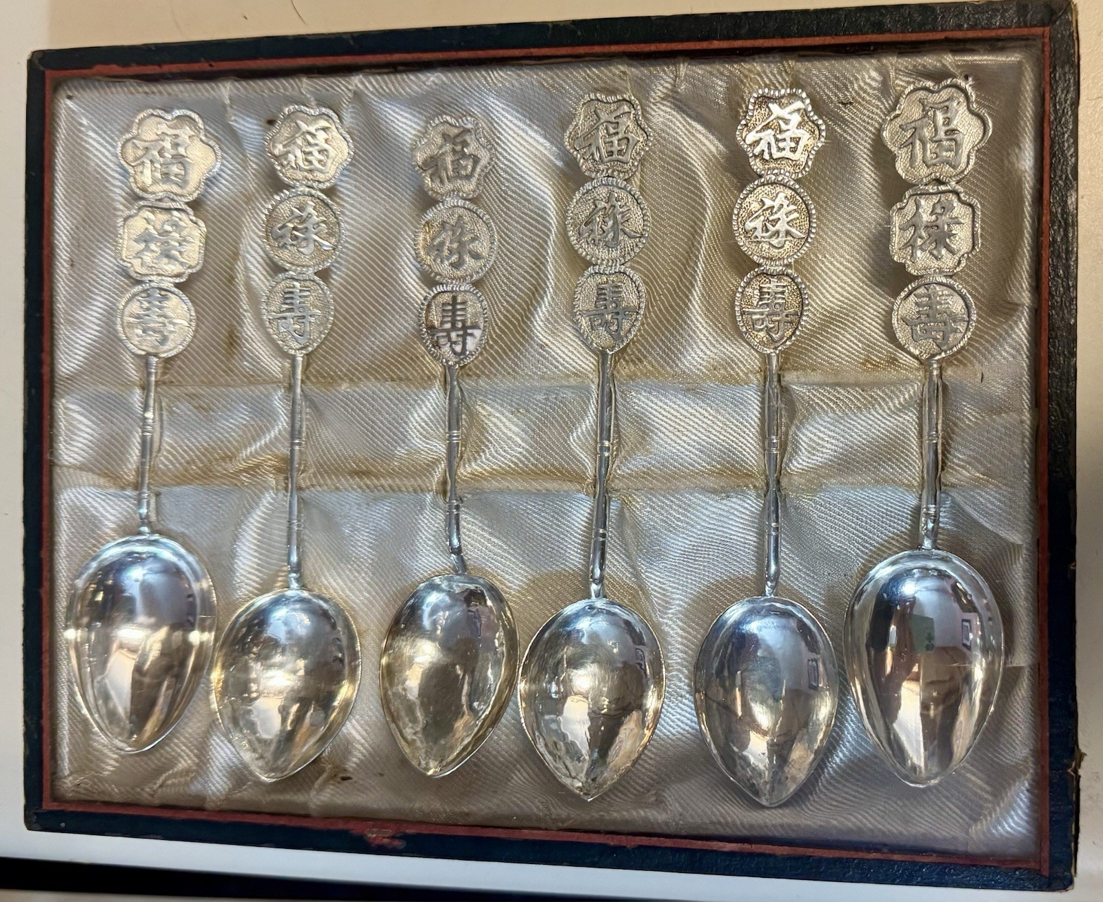 Antique Set of 6 Chinese Sterling Silver Demitasse Spoons in Original Glass Case