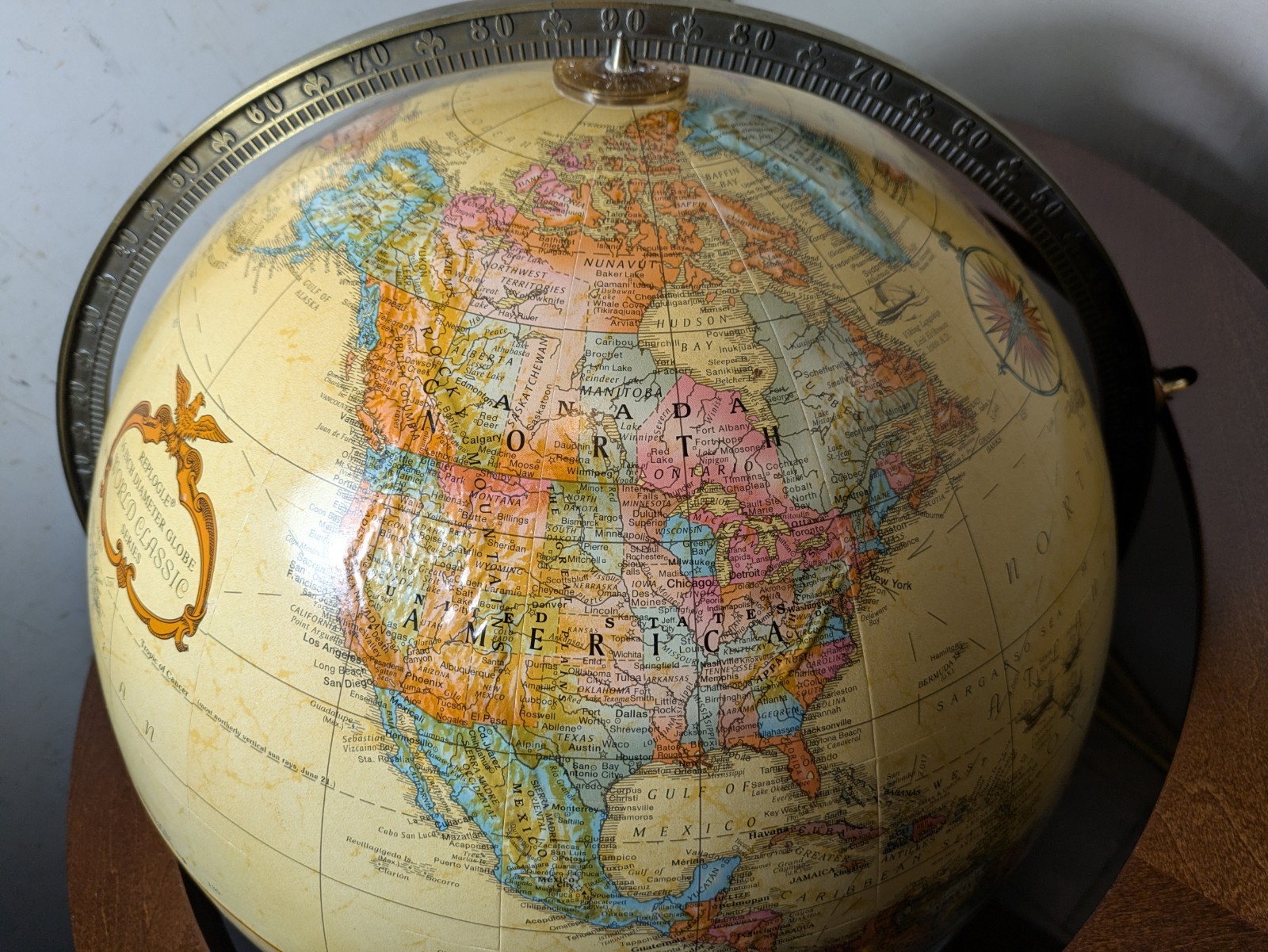 Replogle 16″ World Globe Floor Stand Cherry Wood Mission Base USA Brass 2000s
