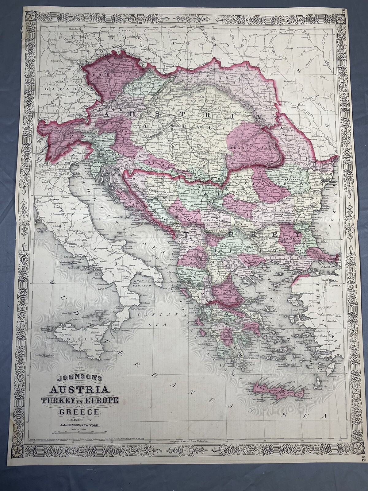 1867 Colored Map feat. AUSTRIA, TURKEY, GREECE ~ A.J. Johnson Map 23″ x 17″