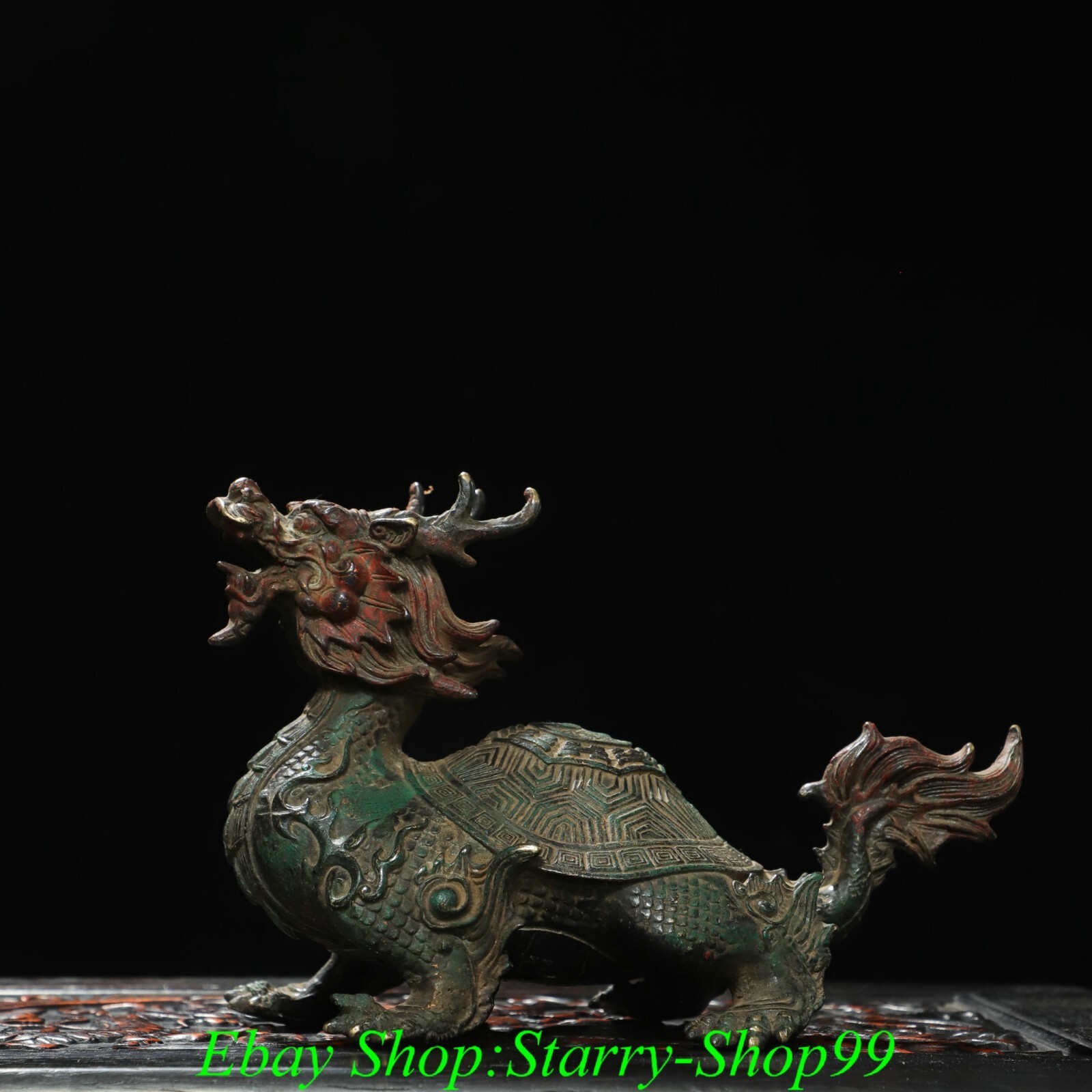 7″Old Chinese Dynasty Bronze Gilt Feng Shui Dragon Turtle tortoise Animal Statue