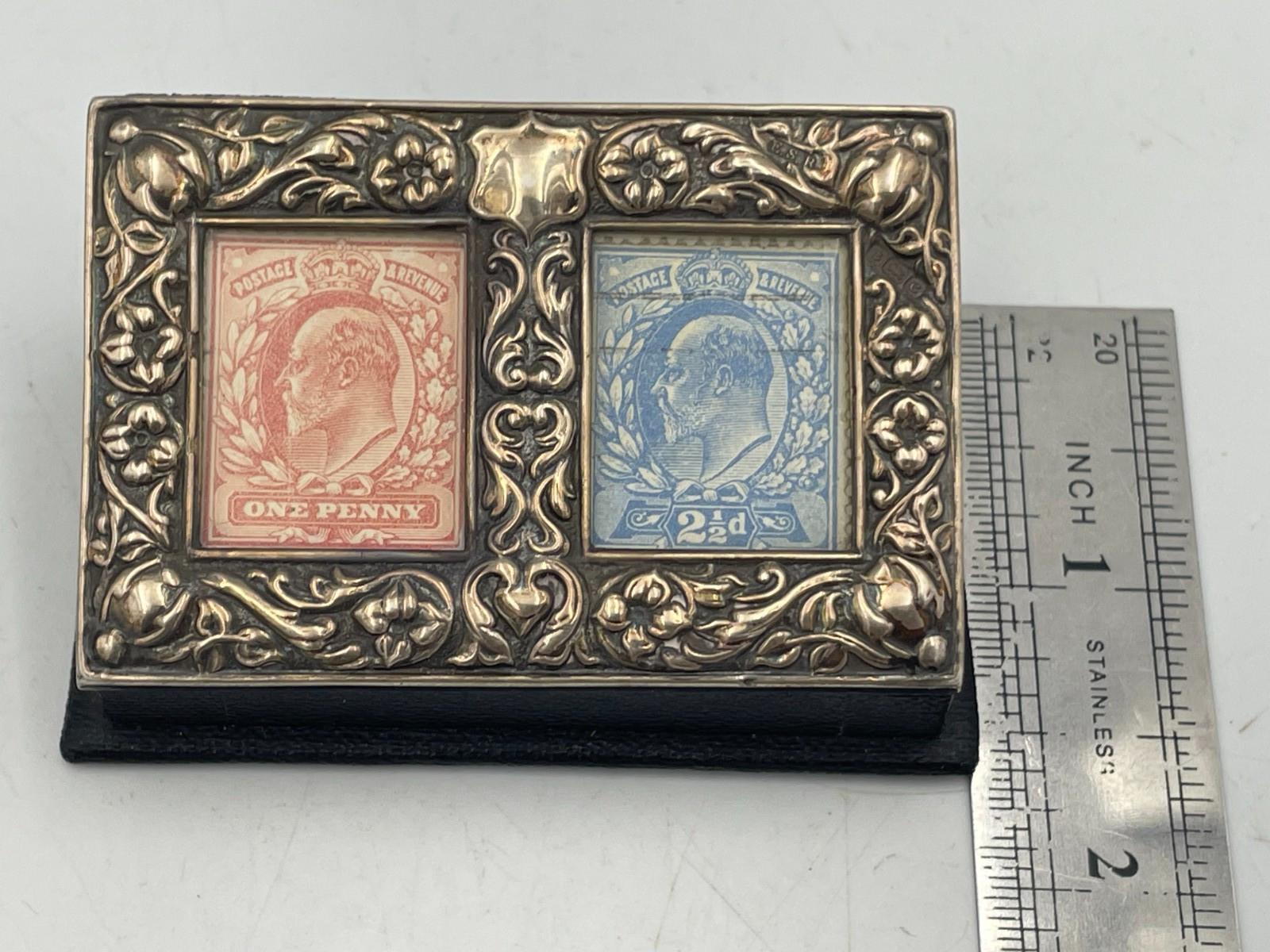 Rare Edwardian Silver & Leather double case Stamp Box