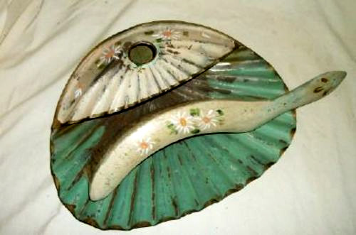 French Country Primitive Tole Crumber Tray Metal Shell Rusty Chippy Aqua Antique