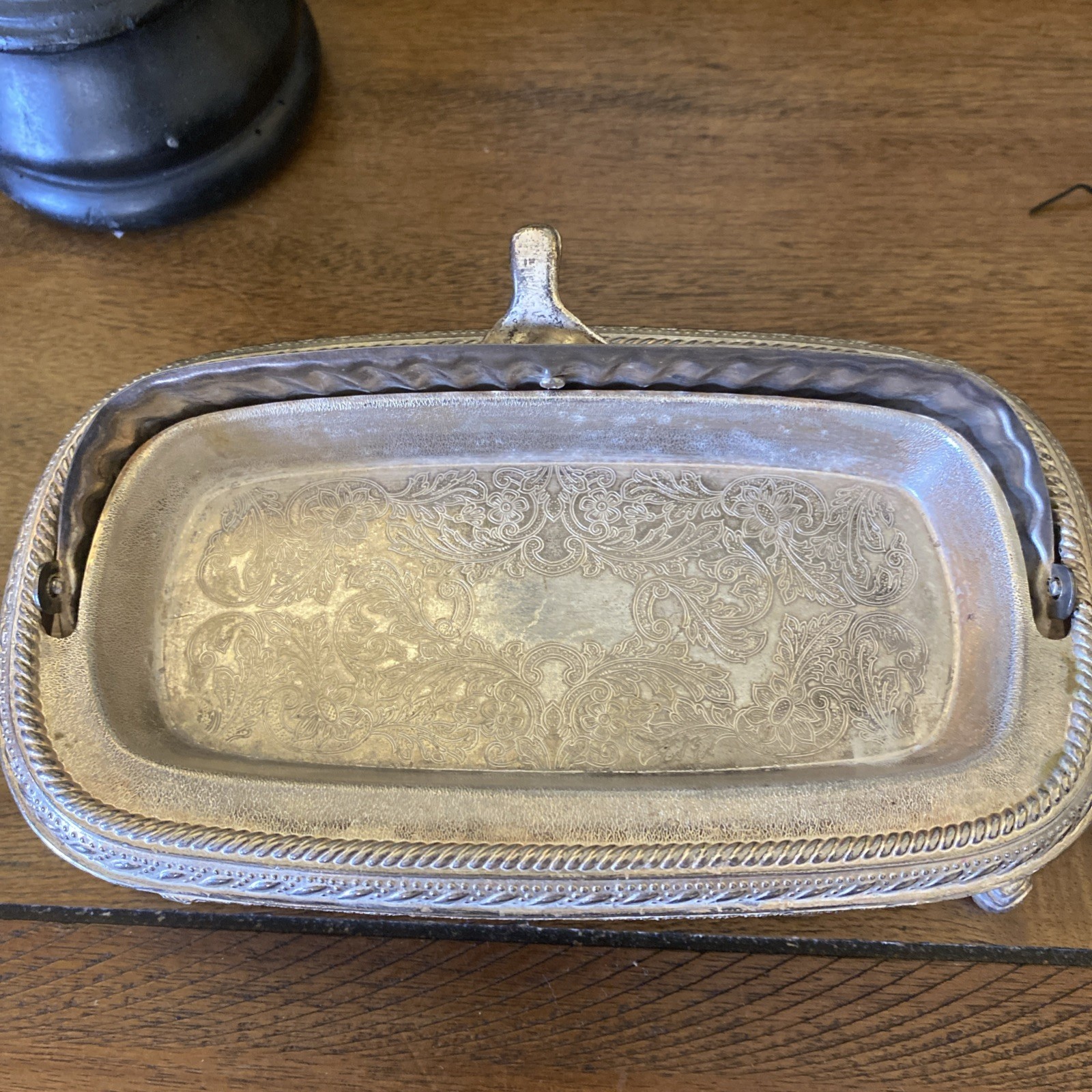 Vintage Silverplate Roll Top Footed Butter Dish Made In Hong Kong