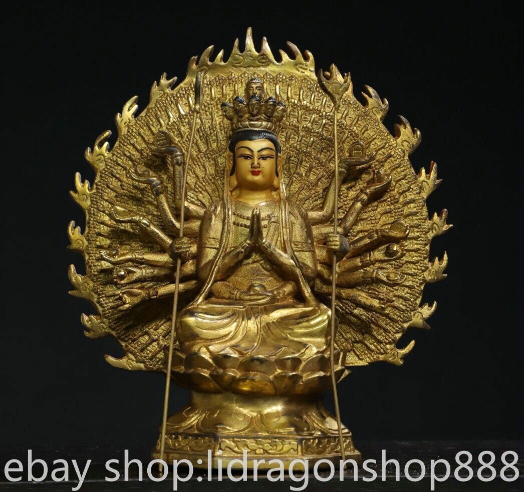 8″ Old Chinese Copper Gilt Buddhism 1000 Arms Avalokiteshvara of Goddess Statue
