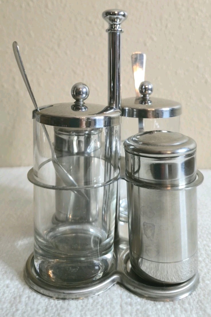 MCM Vintage Stainless Steel Cruet Condiment Set Tray S & P Glass Jars