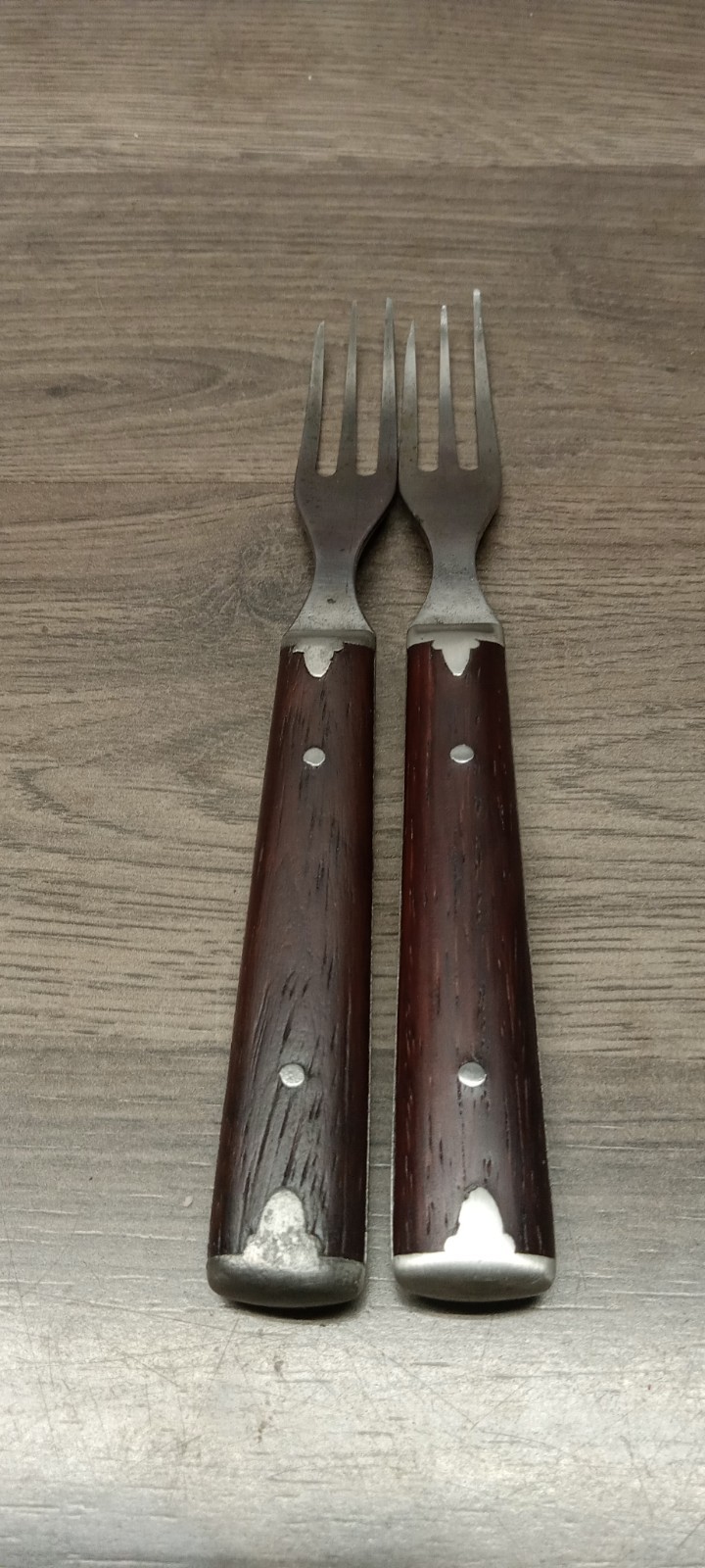 2 Civil War era antique wooden handle 3 Prong Fork 7 Inches with pewter inlay