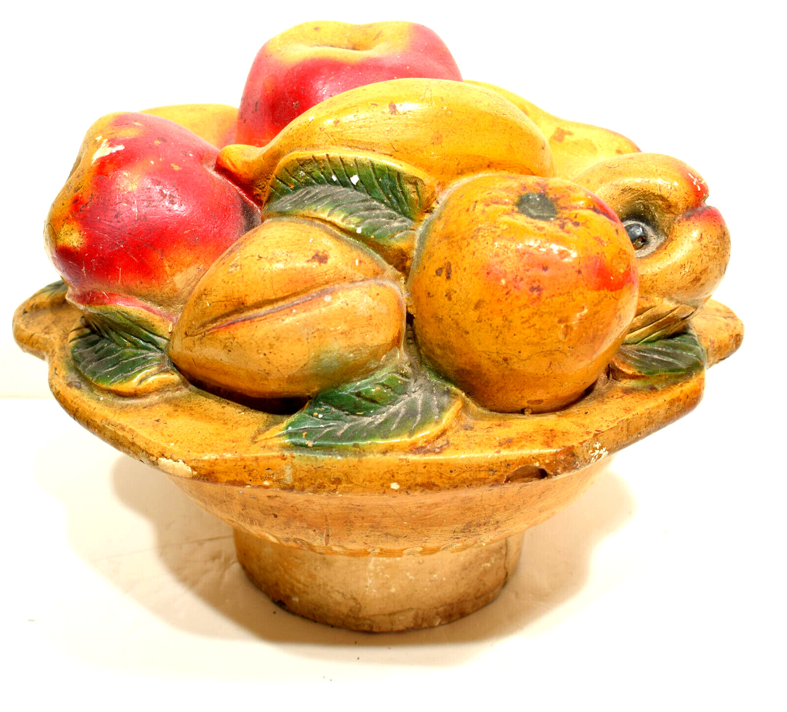Large Antique Painted Chalkware Bowl of Fruit Folk Art