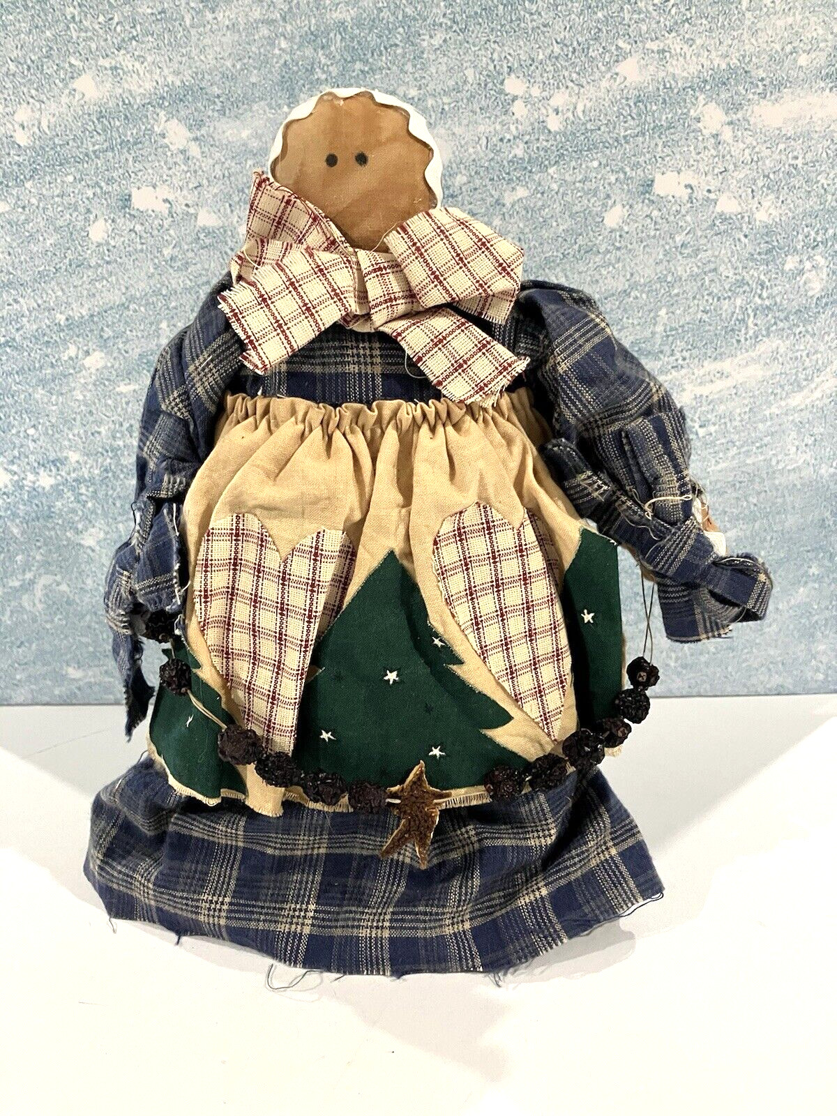 Folk Art Primitive Handmade Cloth Doll in Dress on Wooden Stand Country Trees