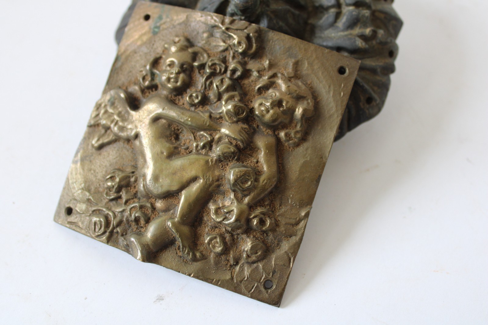 Antique brass plate Cherubs furniture mount architectural salvage hardware curve