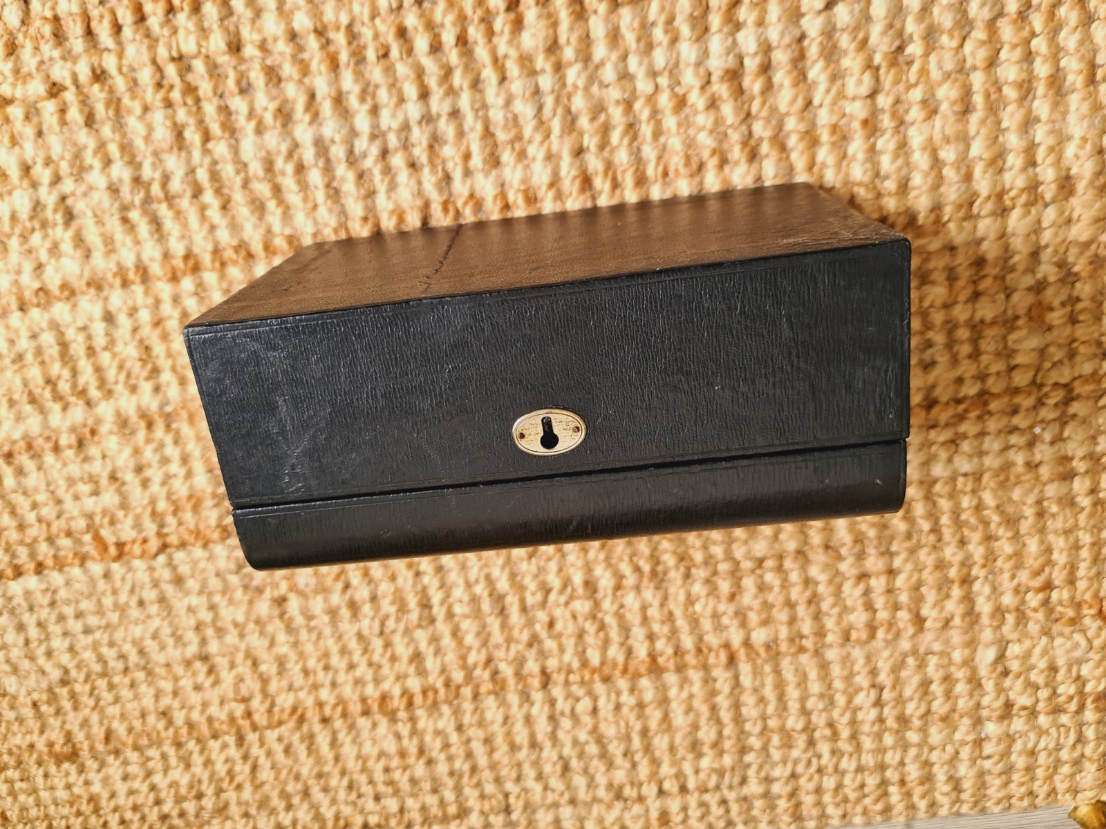 Antique Leather Trim Box Jewellery Trinket Case Victorian Black with Key