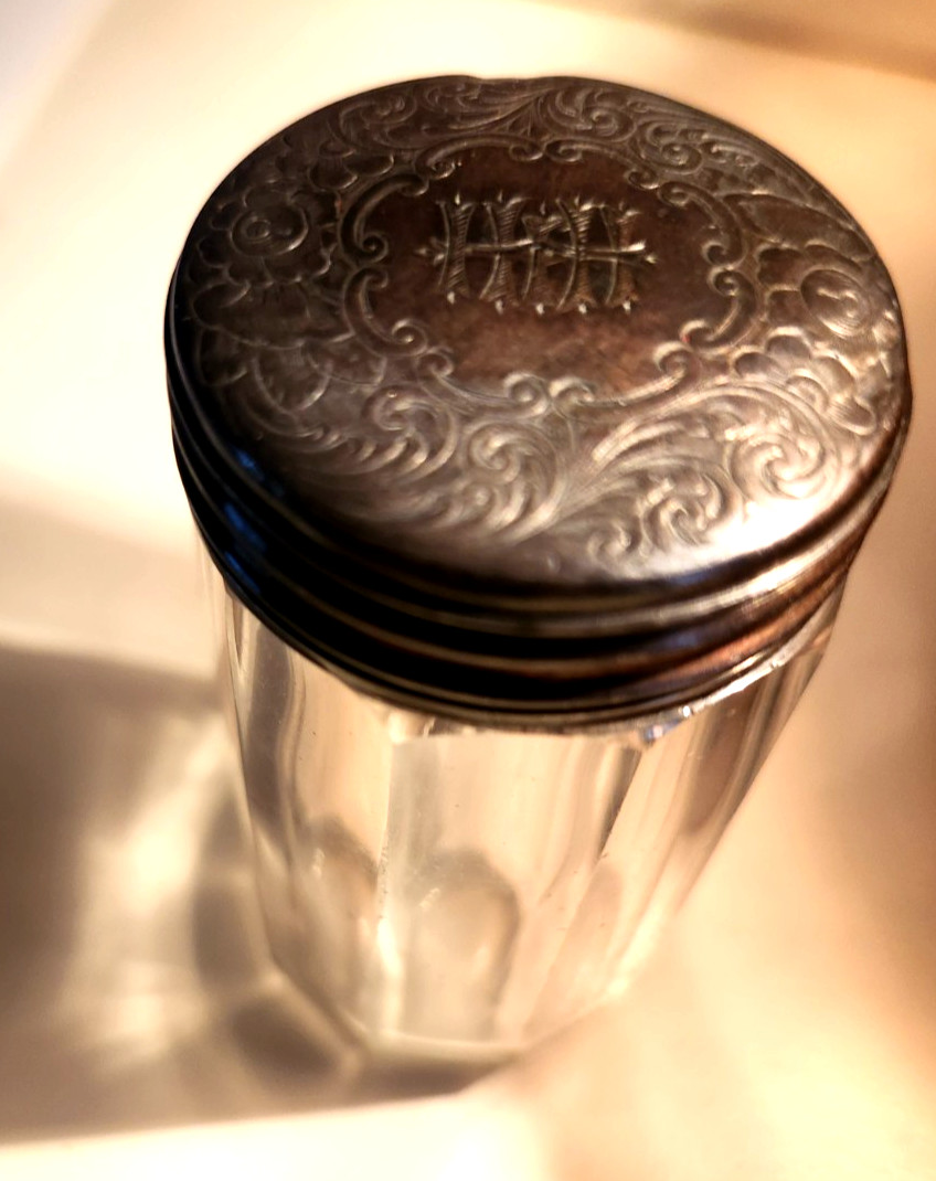 1902 British G.B. Crystal Vanity Jar w. Sterling Silver Repousse Lid , monogram