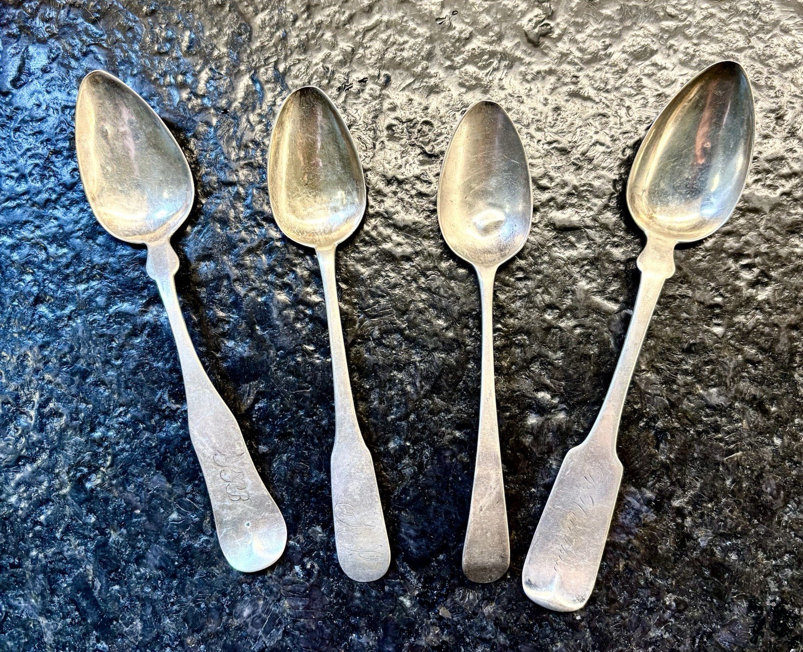 D. Hotchkiss Spoon w/Hotchkiss MONO! – (4) Coin-Silver Spoons 55 grams 1800s 90%