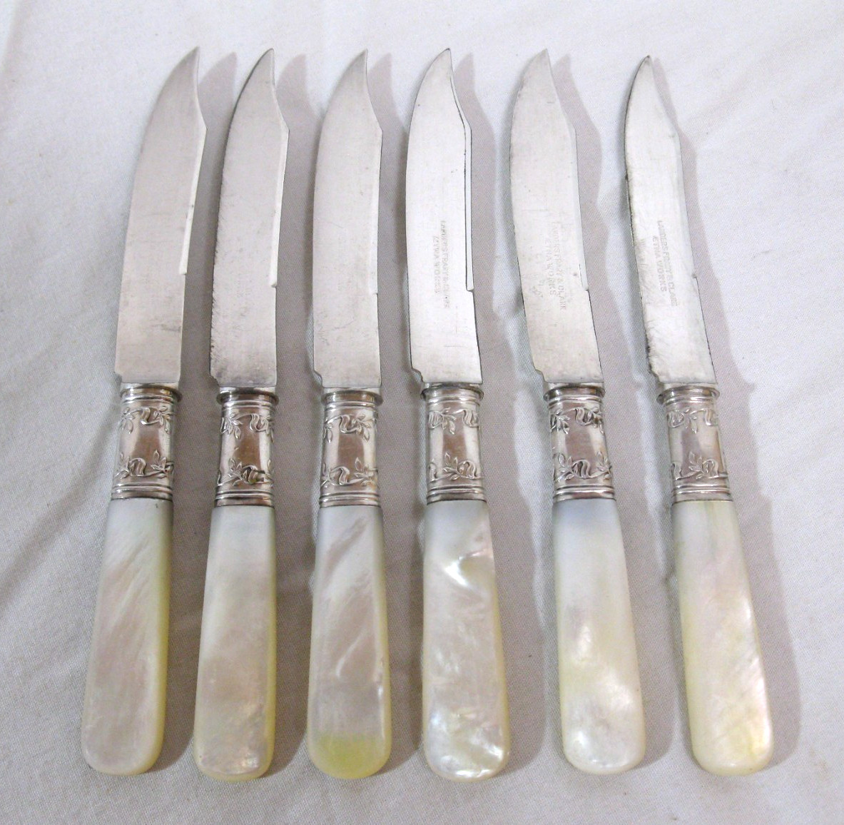 6 Antique Landers Frary & Clark Mother Of Pearl Sterling Ferrule Fruit Knives