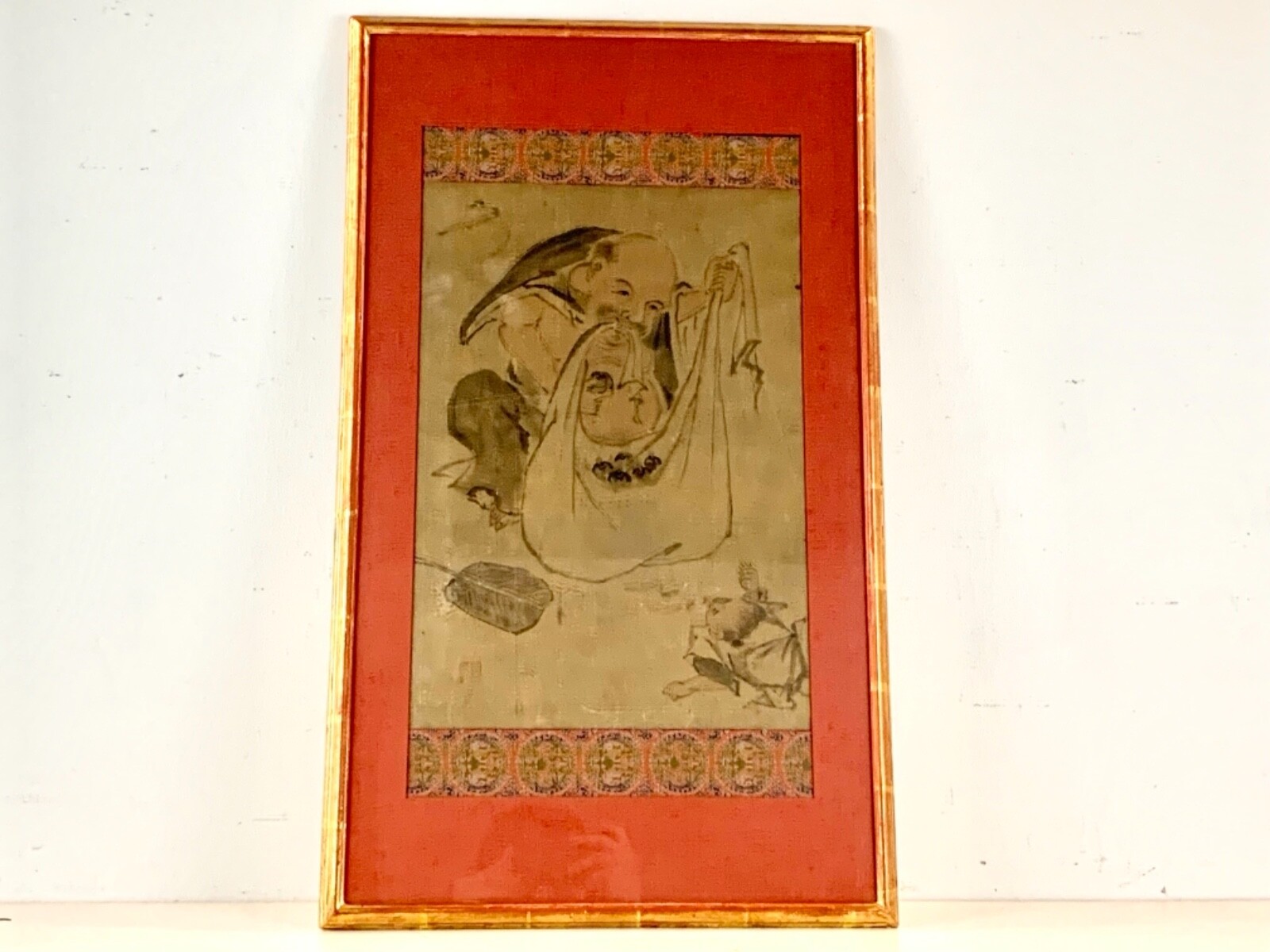 Antique Chinese Watercolor of Market Vendor and Child Framed with Signature Seal