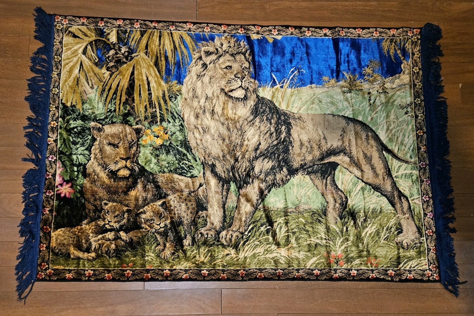 Vintage African Boho Lion Velvet Velour Tapestry Wall Hanging Rug 56×38”