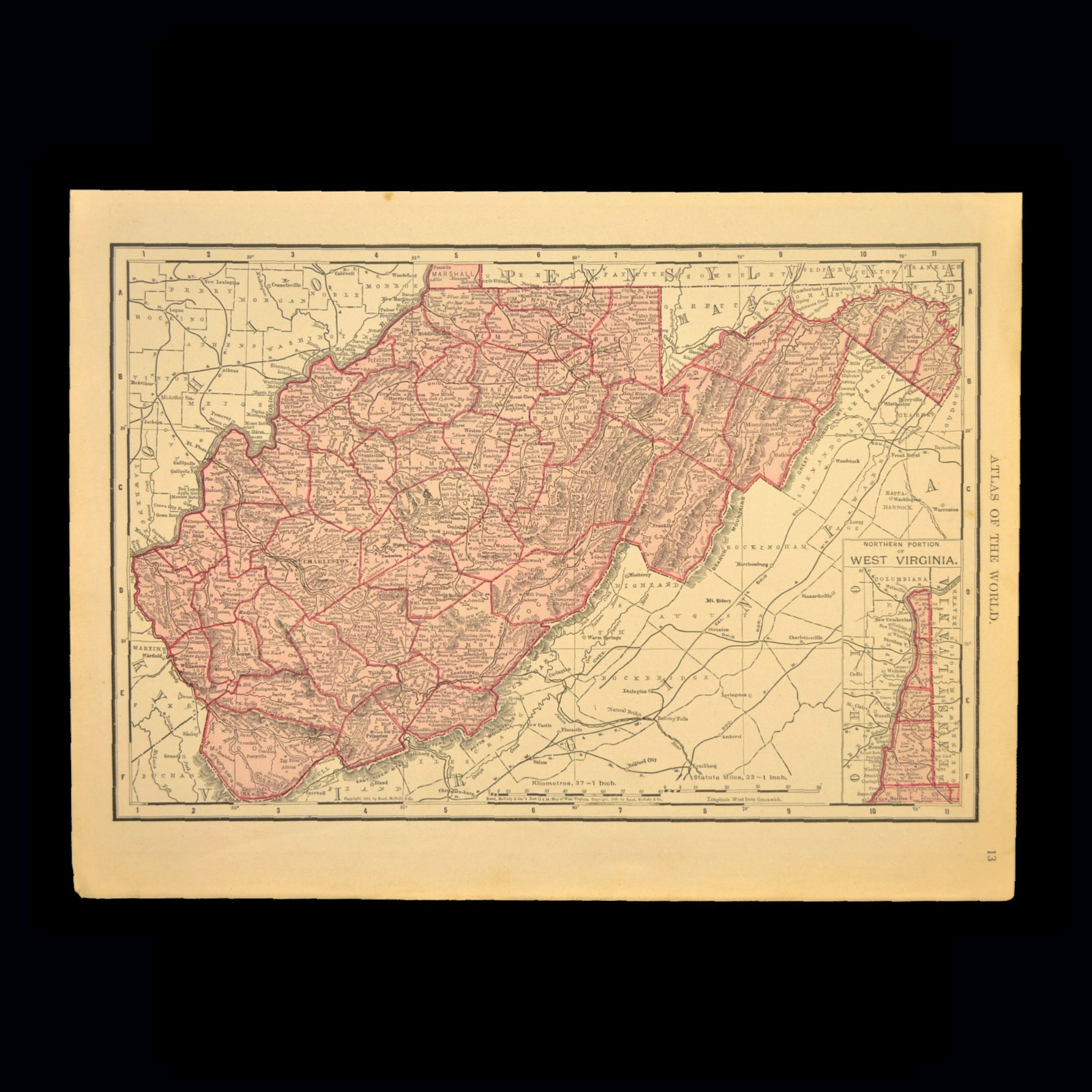 1909 Vintage WEST VIRGINIA Map Wall Art Charleston Original Atlas DATED