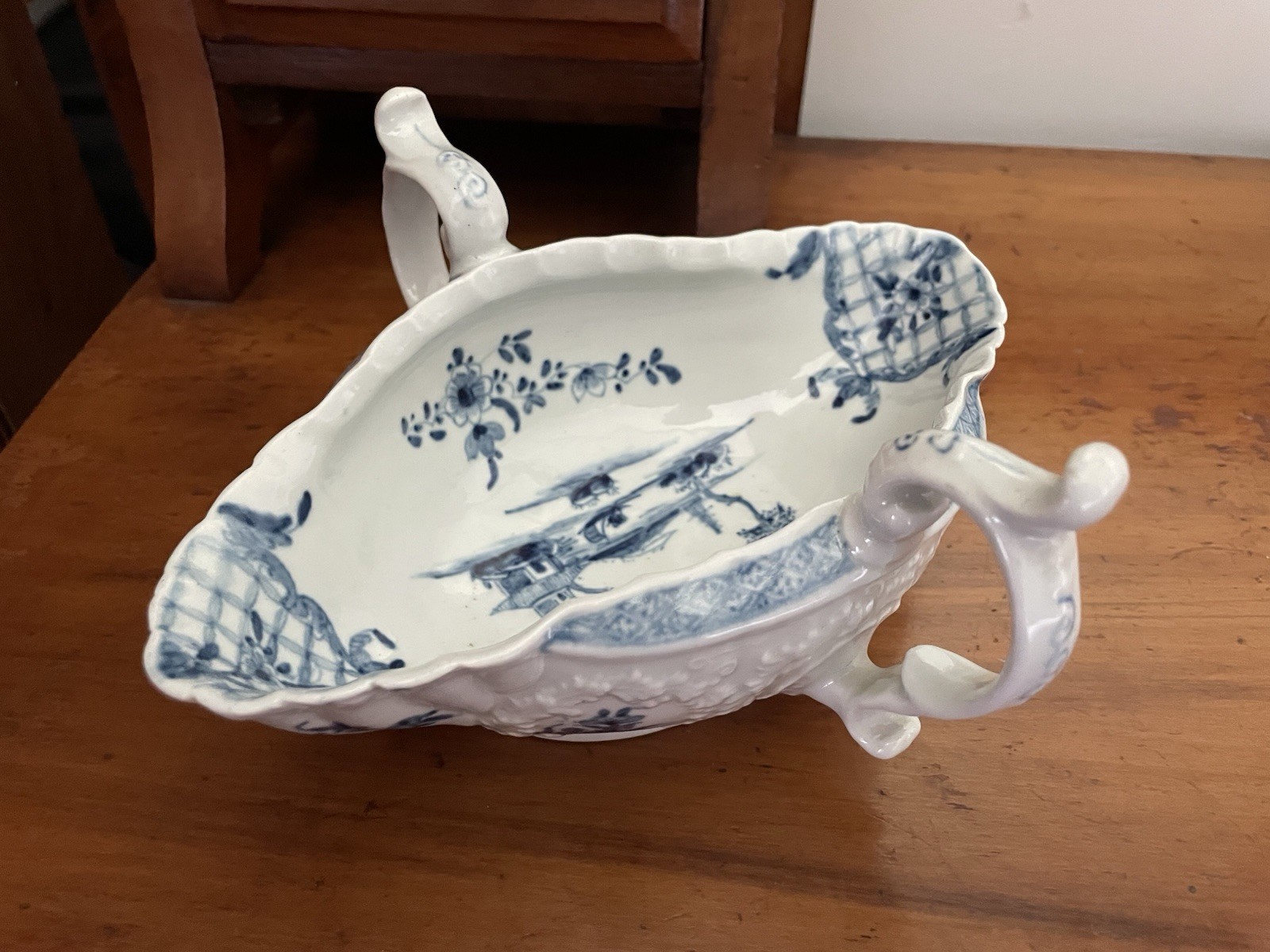 First Period Worcester Blue And White Two Handled Sauceboat c.1757. Excellent