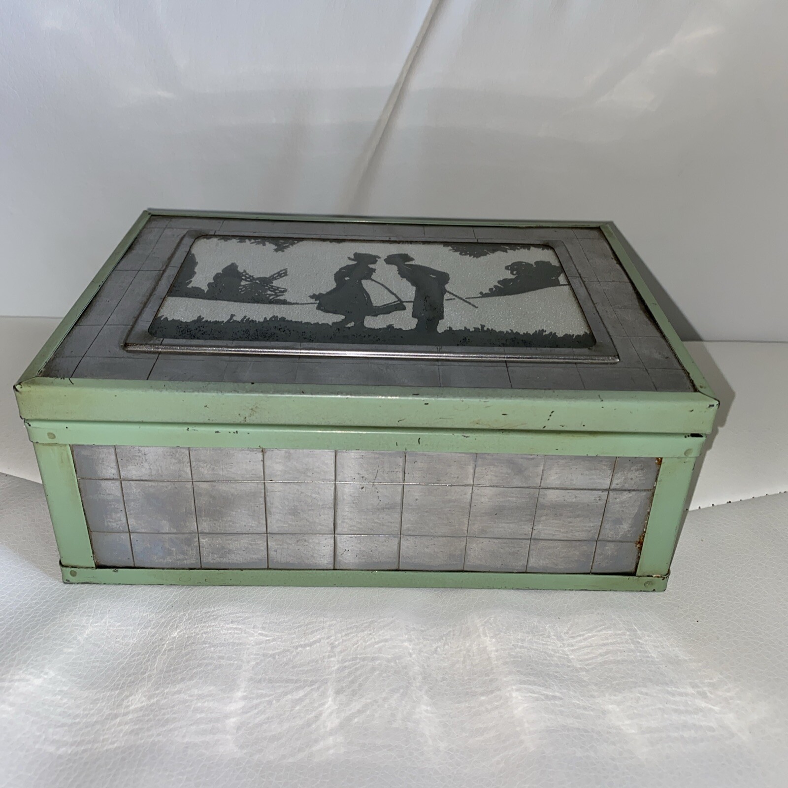 ART DECO CHROMIUM DRESSER JEWELRY BOX SILHOUETTE GREEN METAL WOOD INTERIOR 1920s