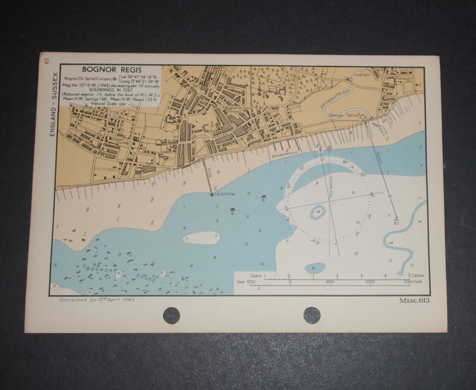 BOGNOR REGIS, SUSSEX- rare vintage WW2 Naval Map 1943