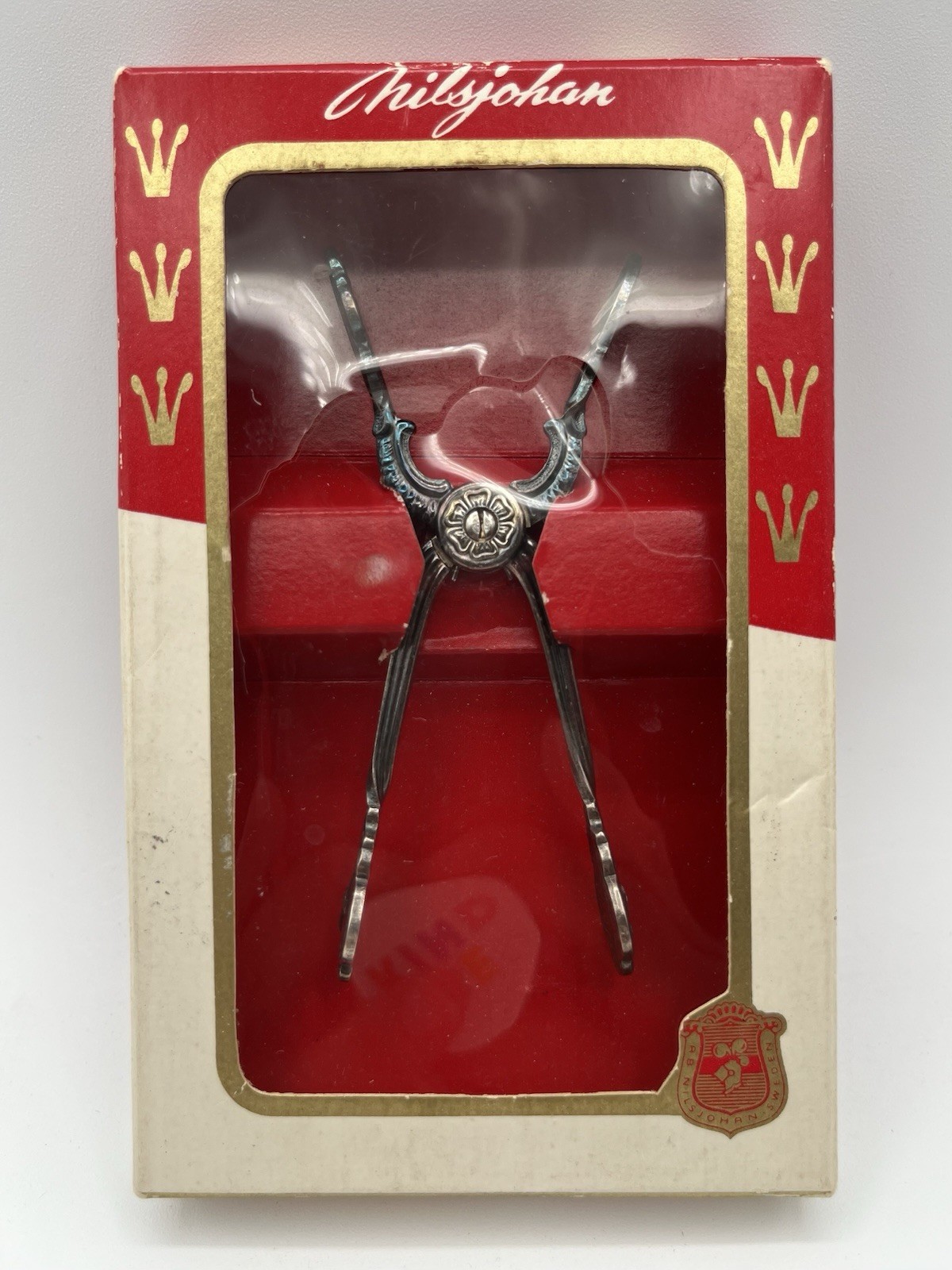 Vintage AB NILS-JOHAN Small Hinged Sugar Cube Ice Tidbit Tongs MCM Original Box