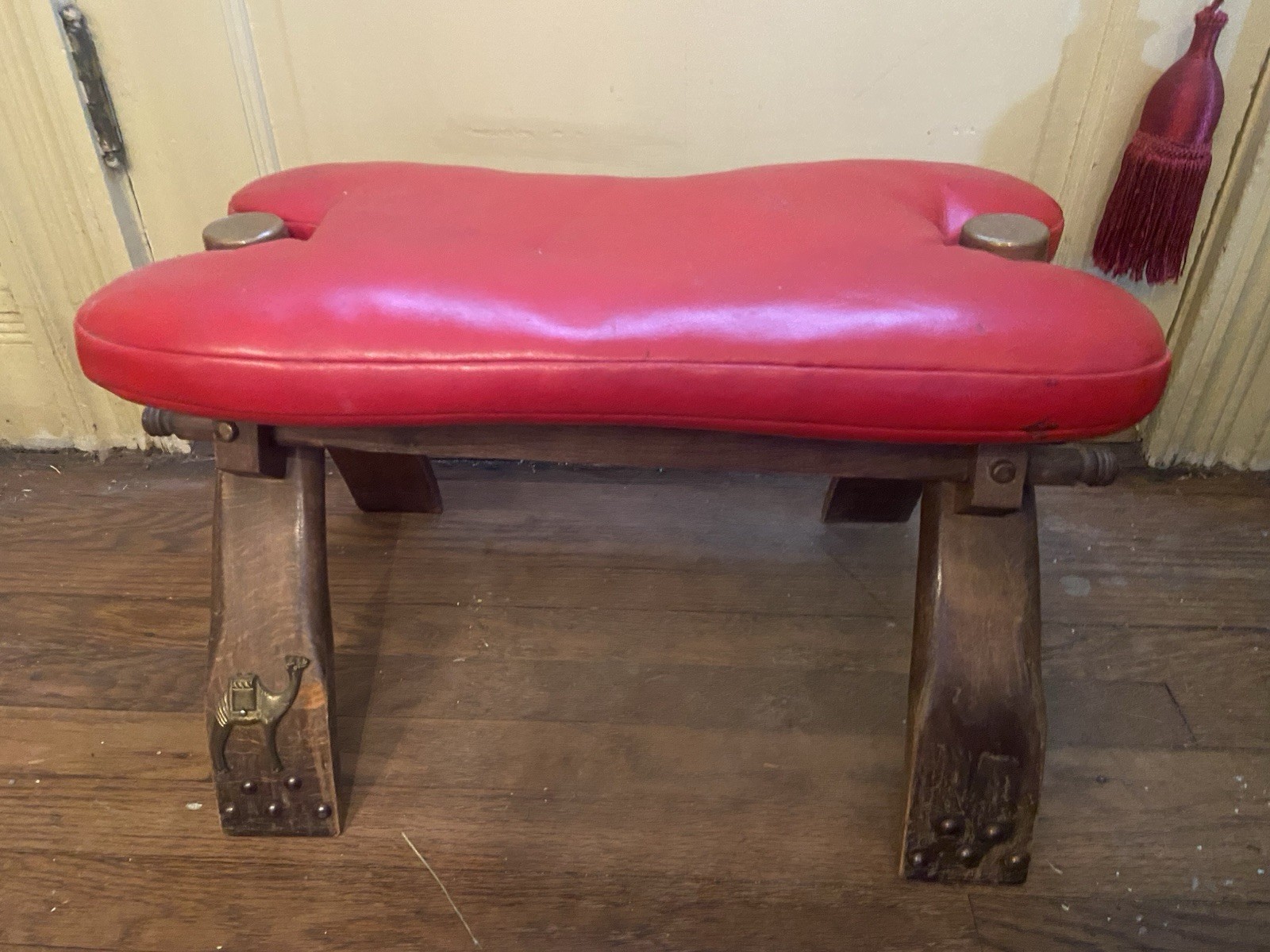 Vintage Egyptian Camel Saddle Studded Wood Seat Foot Stool Brass Caps