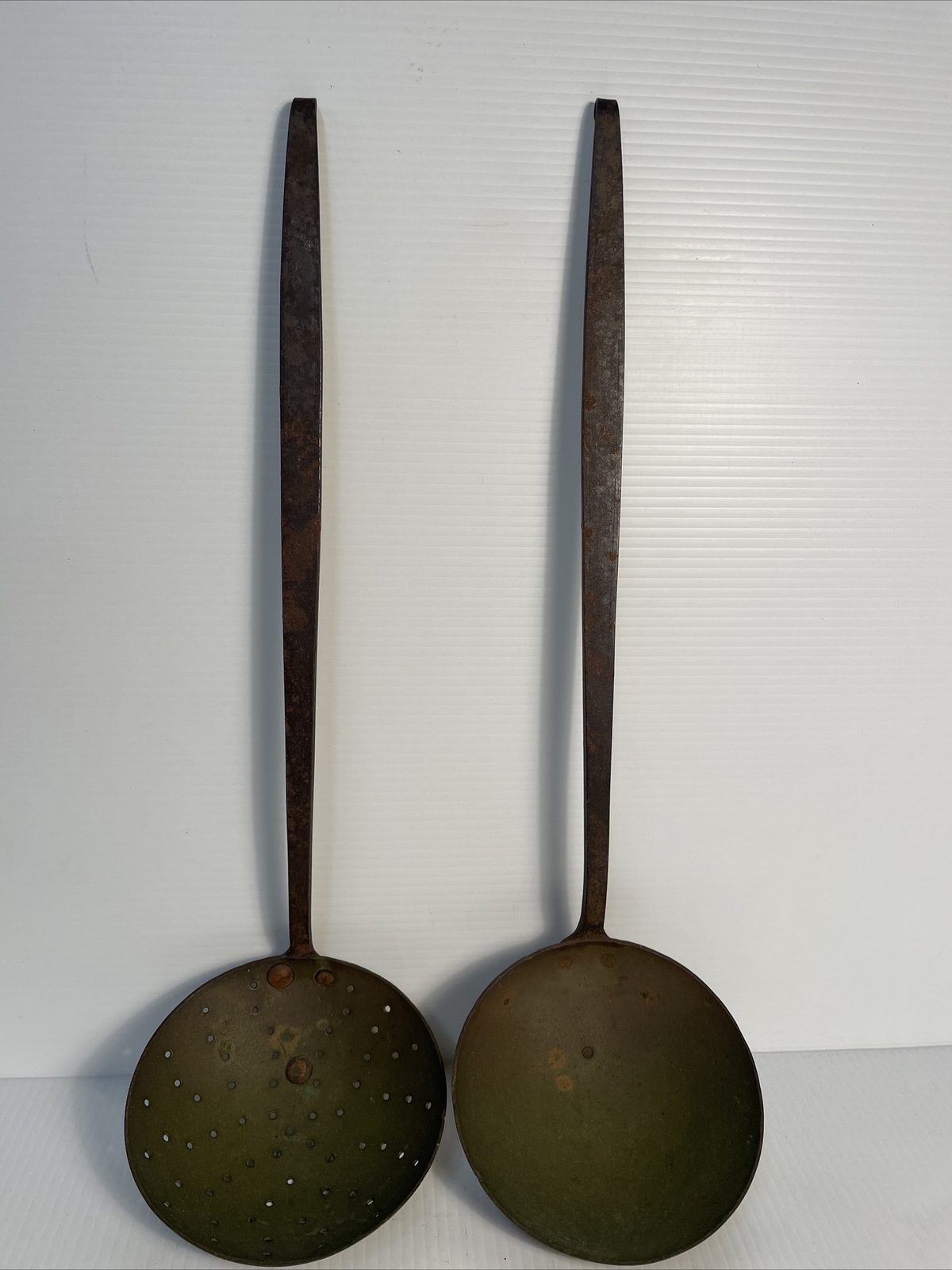 Antique Early Strainer & Ladle Hand Forged Wrought Iron & Brass or Copper Lg 18”